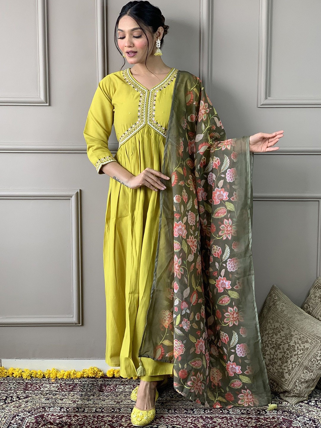 

KALINI Women Ethnic Motifs Embroidered Thread Work Kurta with Trousers & With Dupatta, Lime green