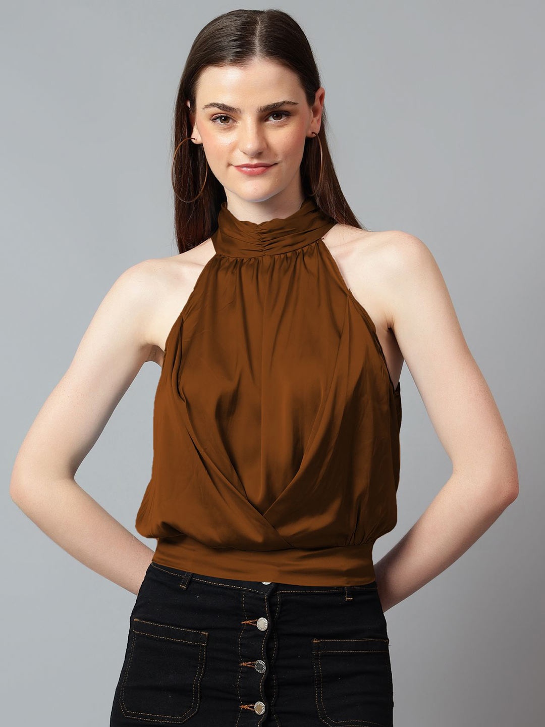 

Kotty Women Solid Halter Neck Satin Top, Brown