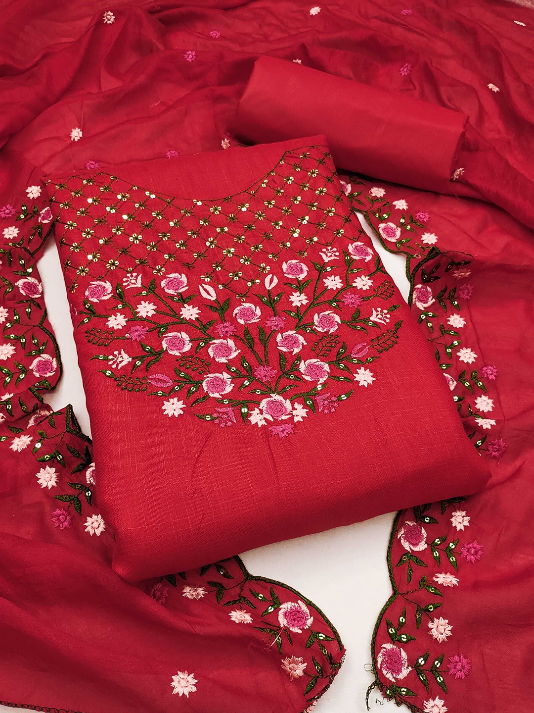 

Mitera Women Embroidered Unstitched Dress Material, Red
