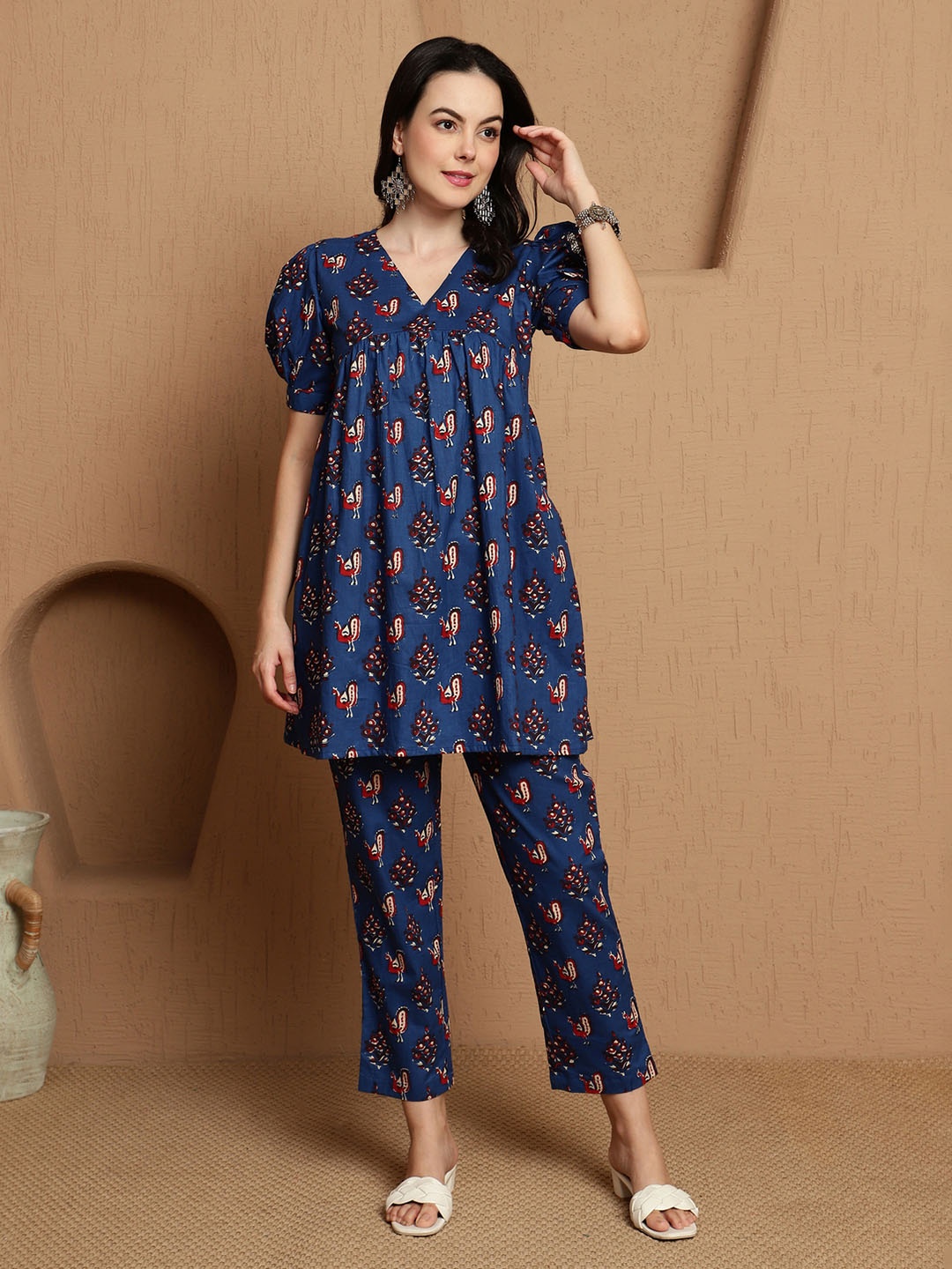 

Sangria Printed Pure Cotton Top With Trouser Co-Ords, Blue