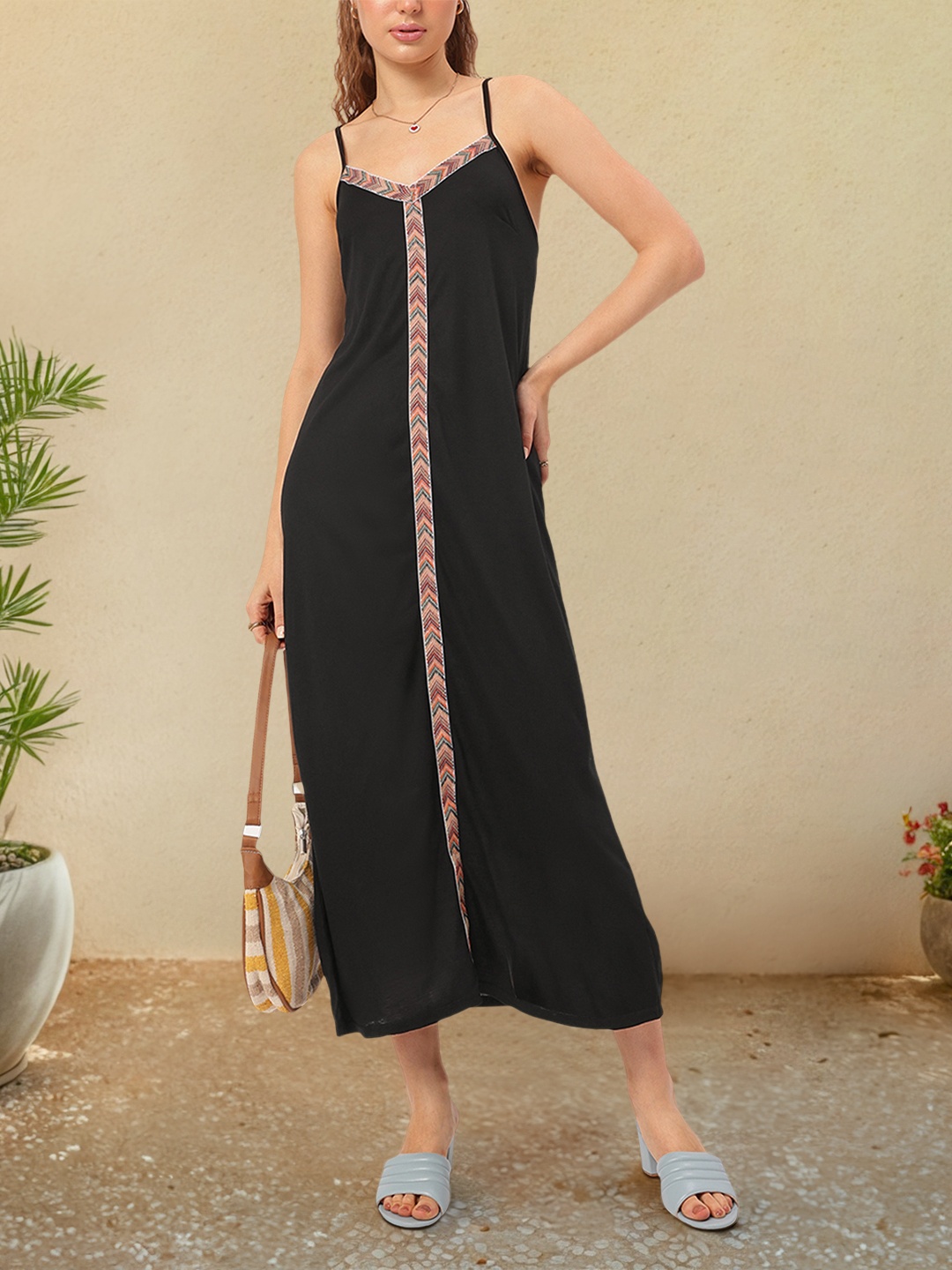 

DressBerry Bohemian Chic Paneled Midi Dress, Black