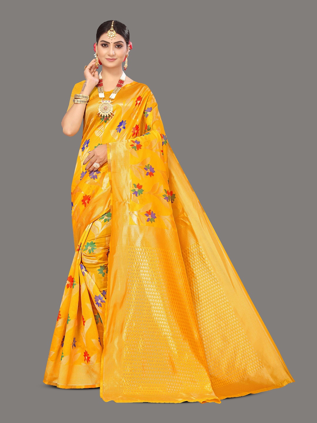 

Maroosh Cotton Floral Zari Saree, Yellow