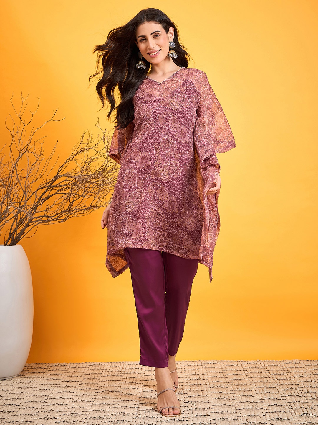 

The Kaftan Company Printed Tunic & Trouser Co-Ords, Burgundy