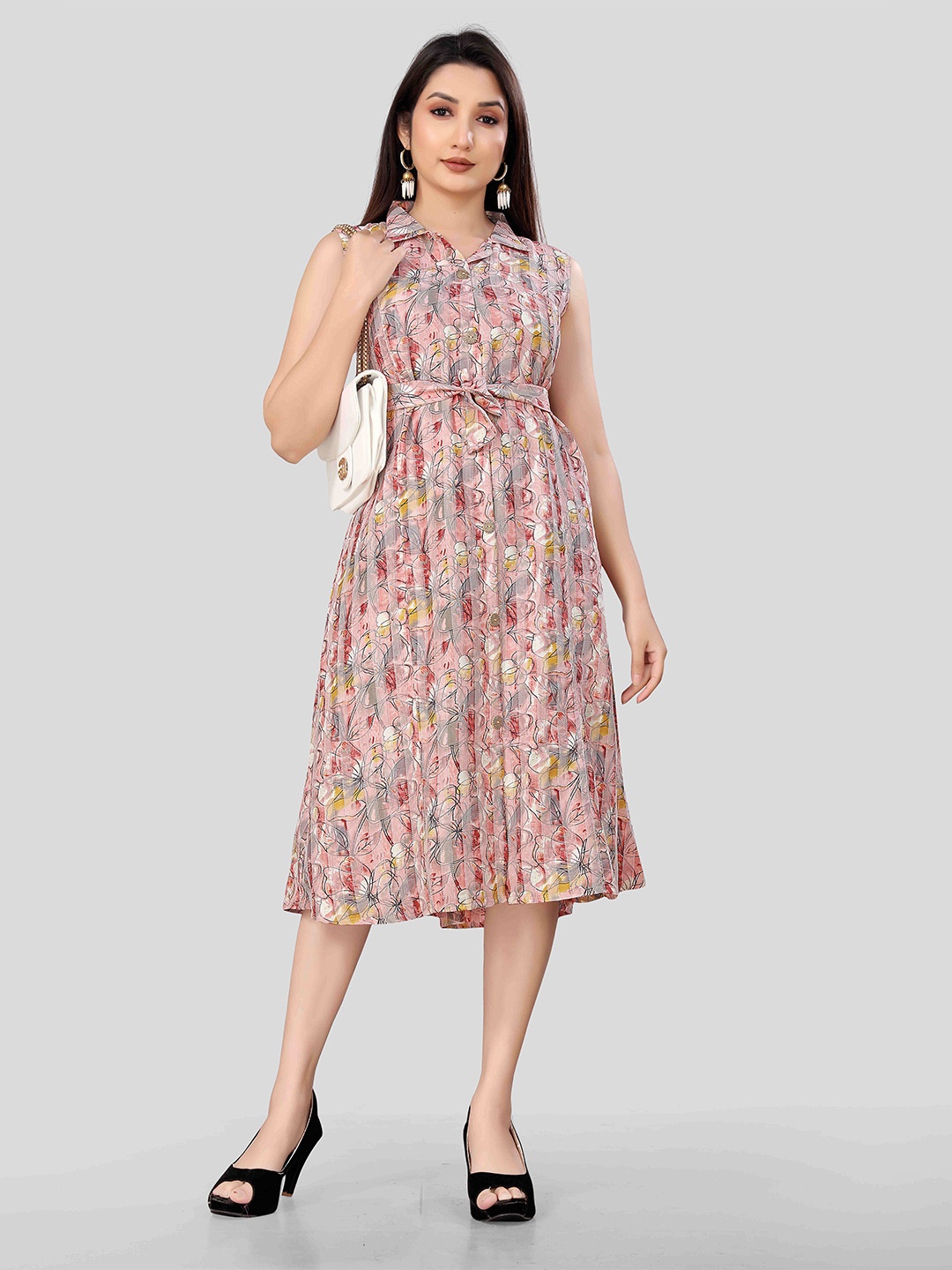 

VEECHIS Floral Print Fit & Flare Midi Dress, Peach