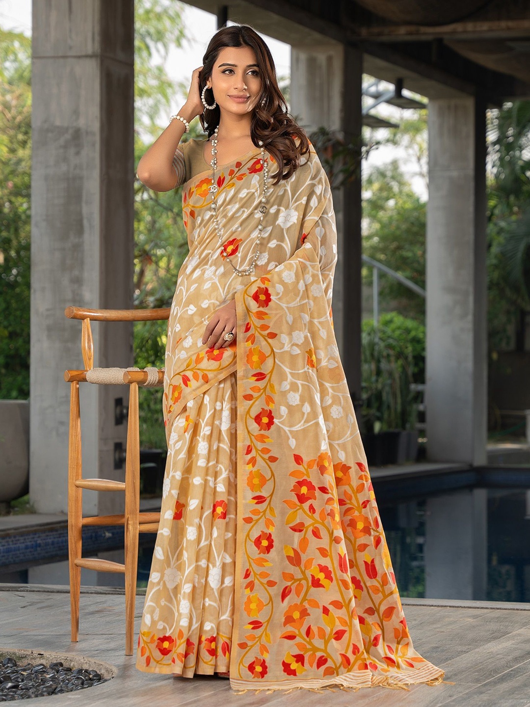 

MAHALASA Ethnic Motifs Printed Pure Cotton Jamdani Saree, Beige