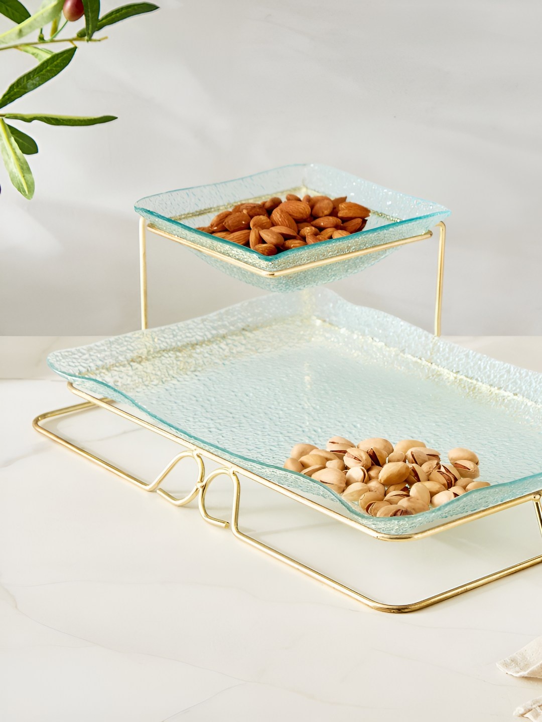 

Home Centre Transparent Glass 2-Tier Chip & Dip Serving Tray with Stand