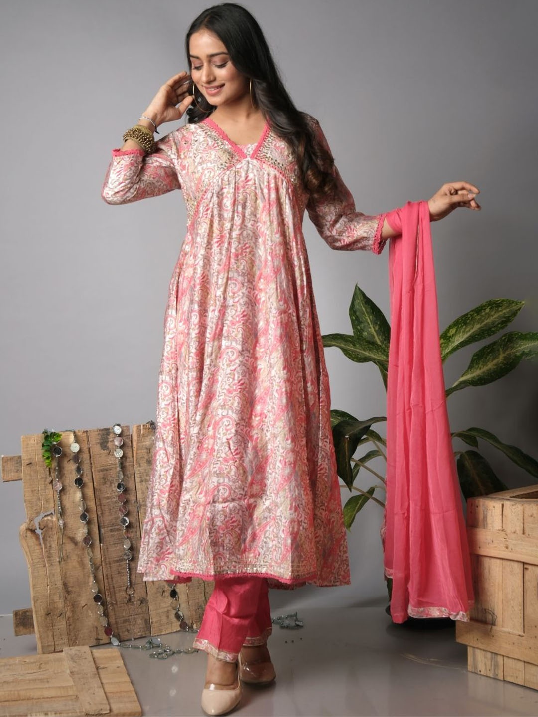 

EKISHA Floral Printed Regular Mirror Work V-Neck Rayon Kurta with Trouser & Dupatta, Pink