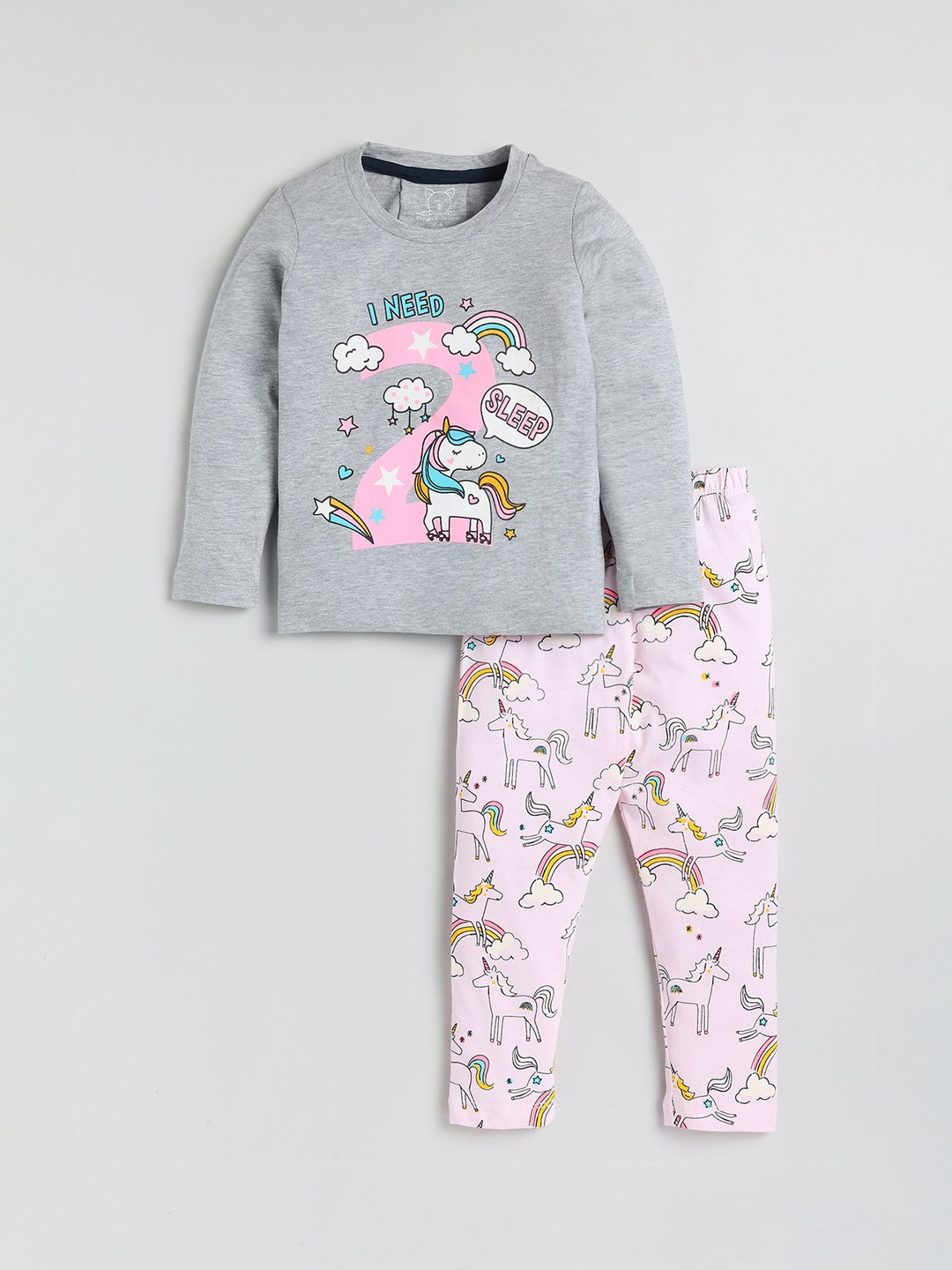 

YK Girls Printed Pure Cotton Night suit, Grey