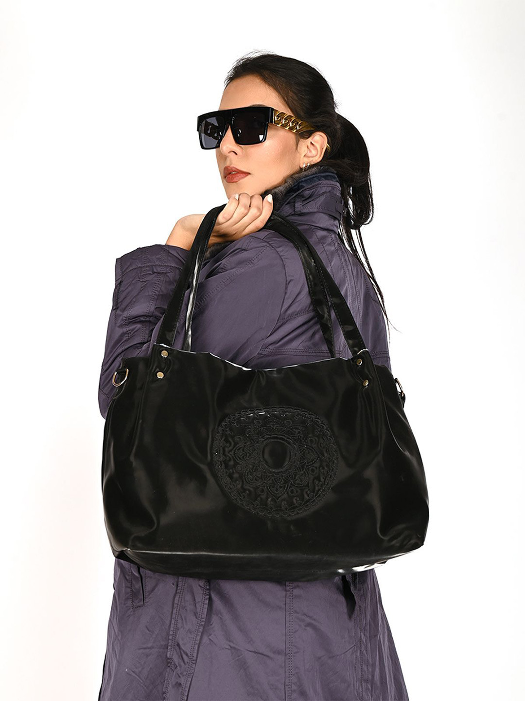 

ODETTE Structured Tote Bag with Applique, Black