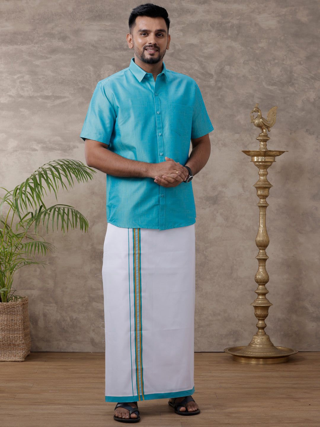 

RAMRAJ Men Solid Traditional Cotton Shirt And Matching Fancy Border Dhoti, Blue