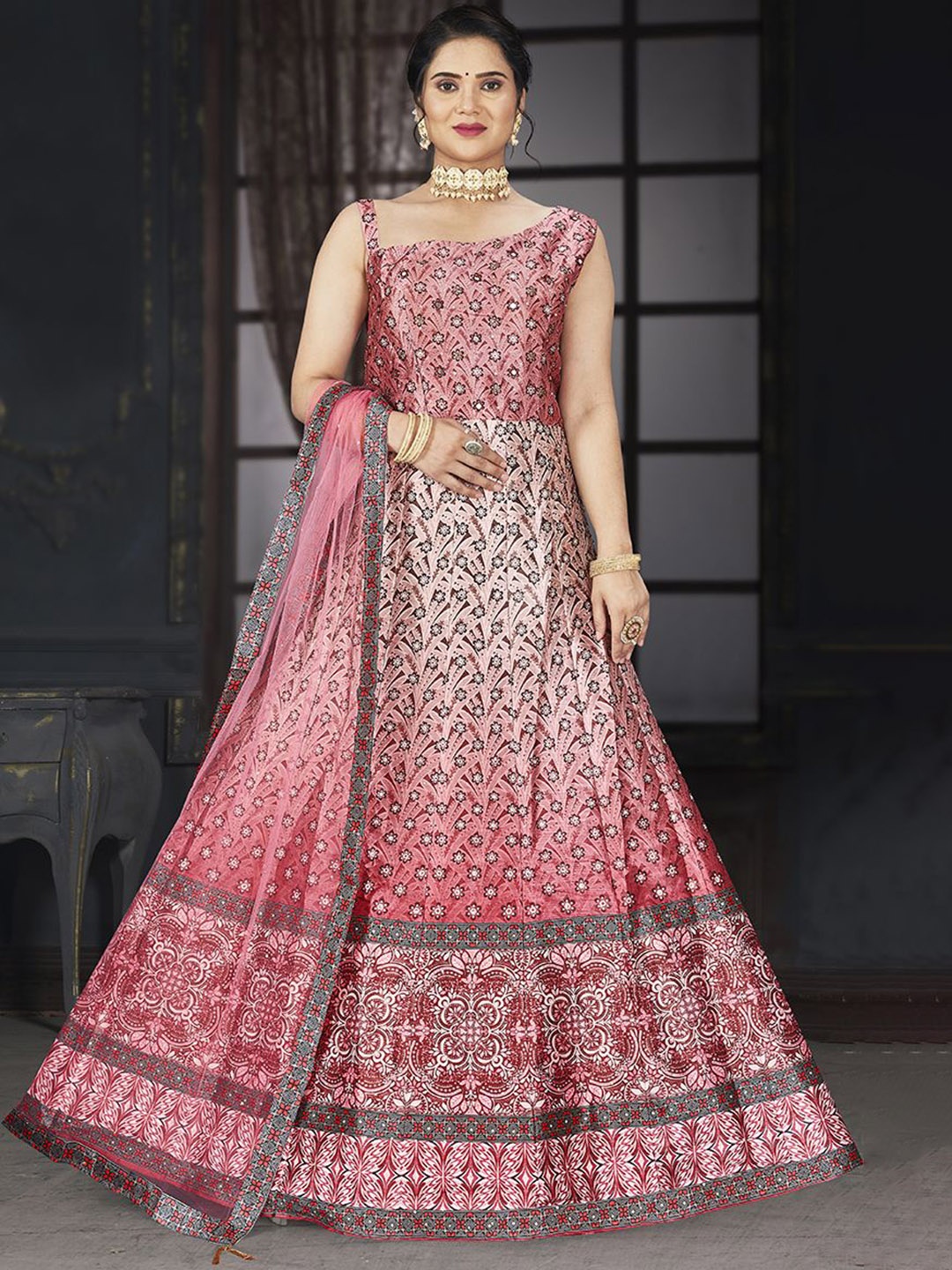 

Krimmple Women Printed One Shoulder Fit & Flared Maxi Ethnic Dress With Dupatta, Pink