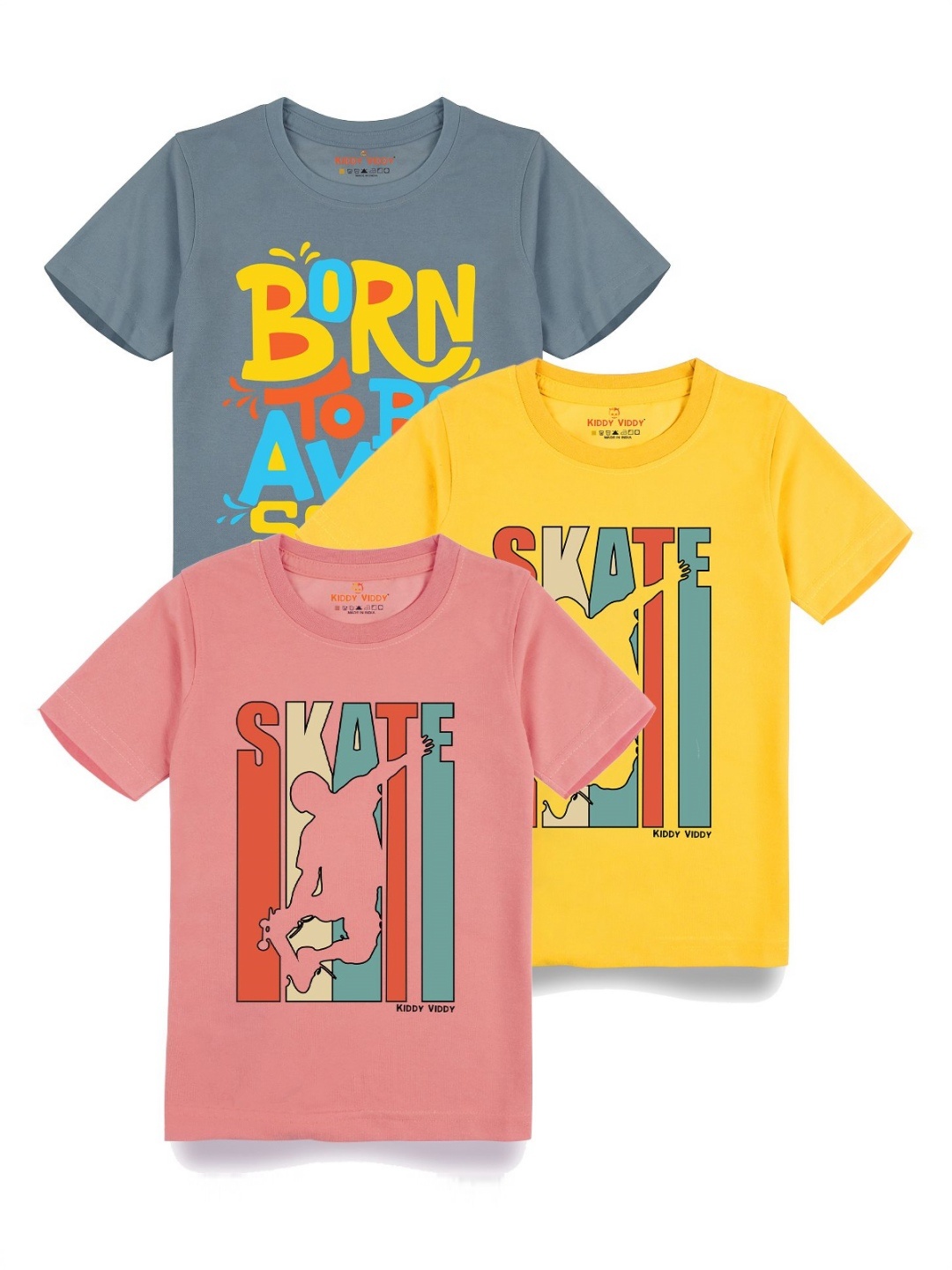 

AUSK Boys Pack Of 3 Graphic Printed Round Neck Cotton T-shirts, Yellow
