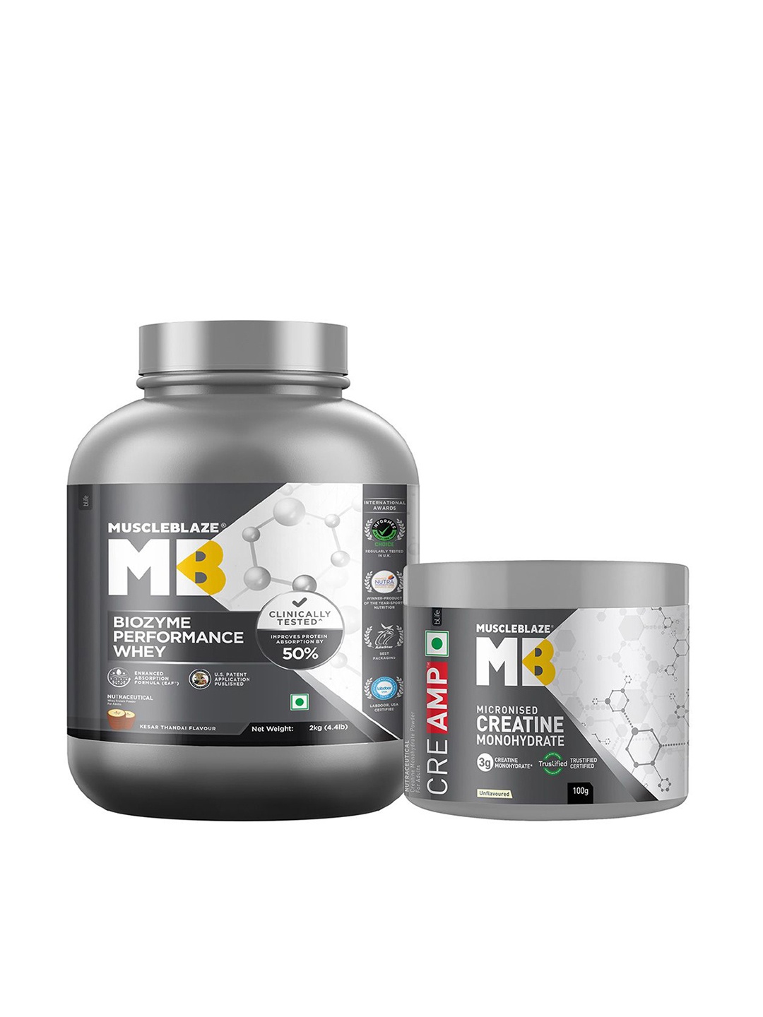 

MuscleBlaze Set Of 2 Biozyme Performance Whey Protein - 2 kg & Creatine Monohydrate - 100g, White