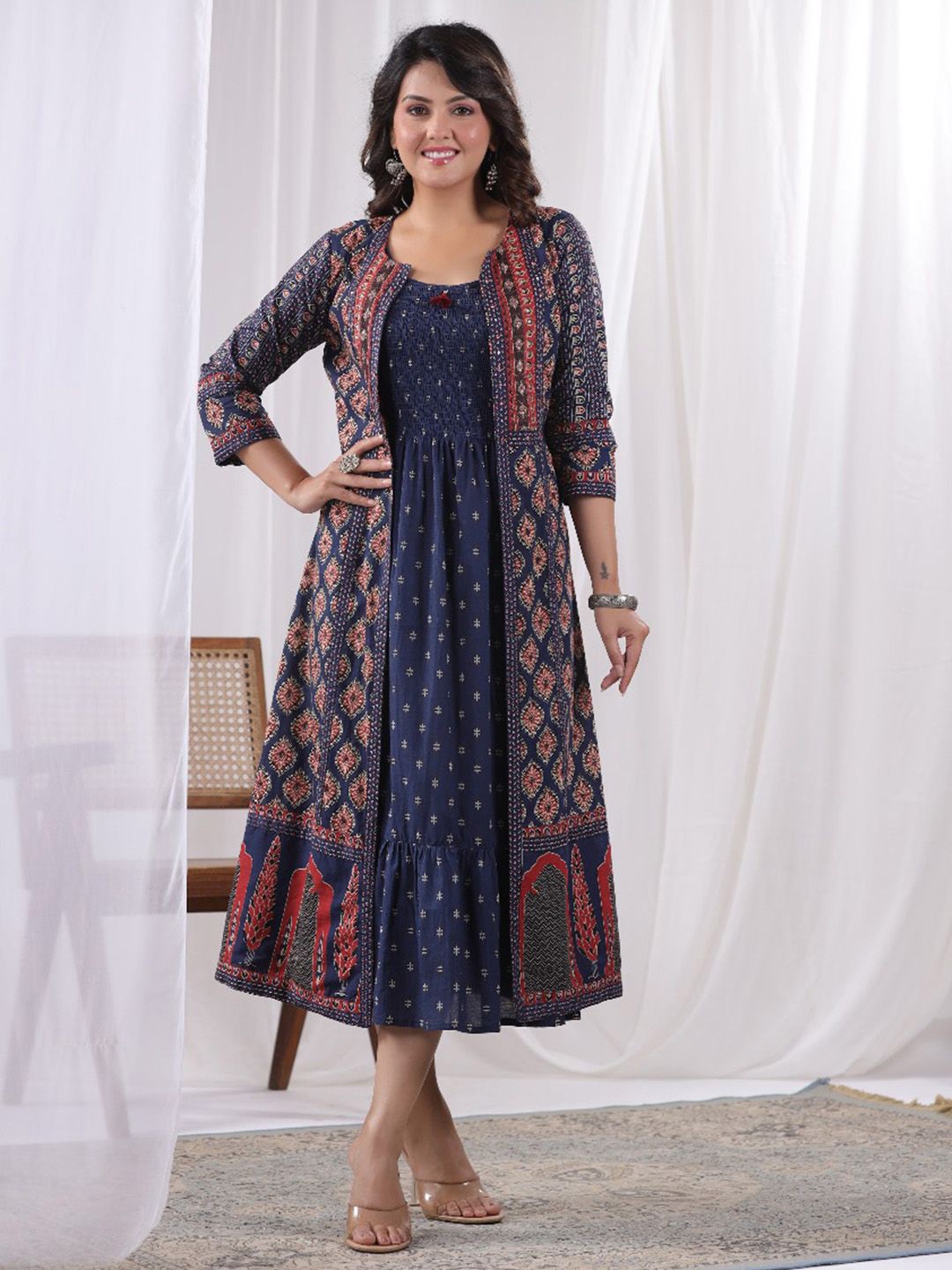 

Meena Bazaar Women Ethnic Motifs Print Fit & Flare Midi Dress, Navy blue