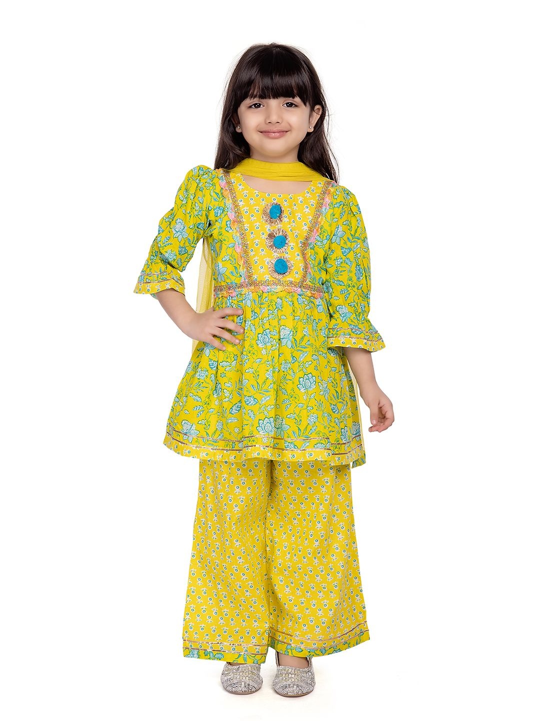 

Tiny Kingdom Printed Kurta With Palazzo & Dupatta, Yellow