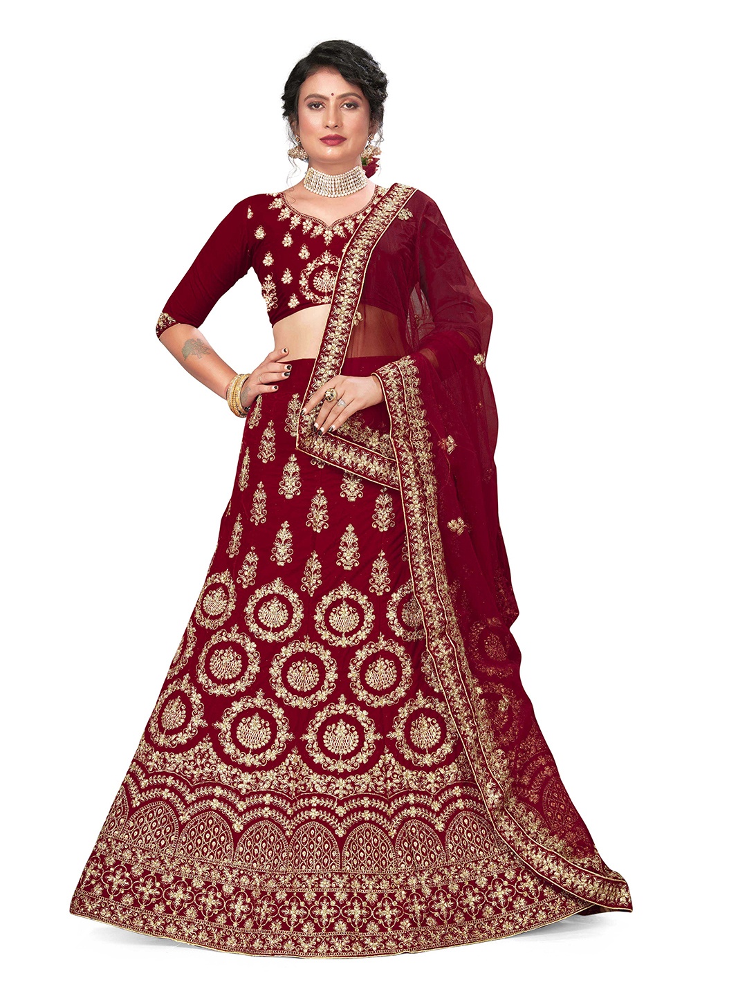 

Maroosh Embellished Thread Work Unstitched Lehenga & Blouse With Dupatta, Maroon