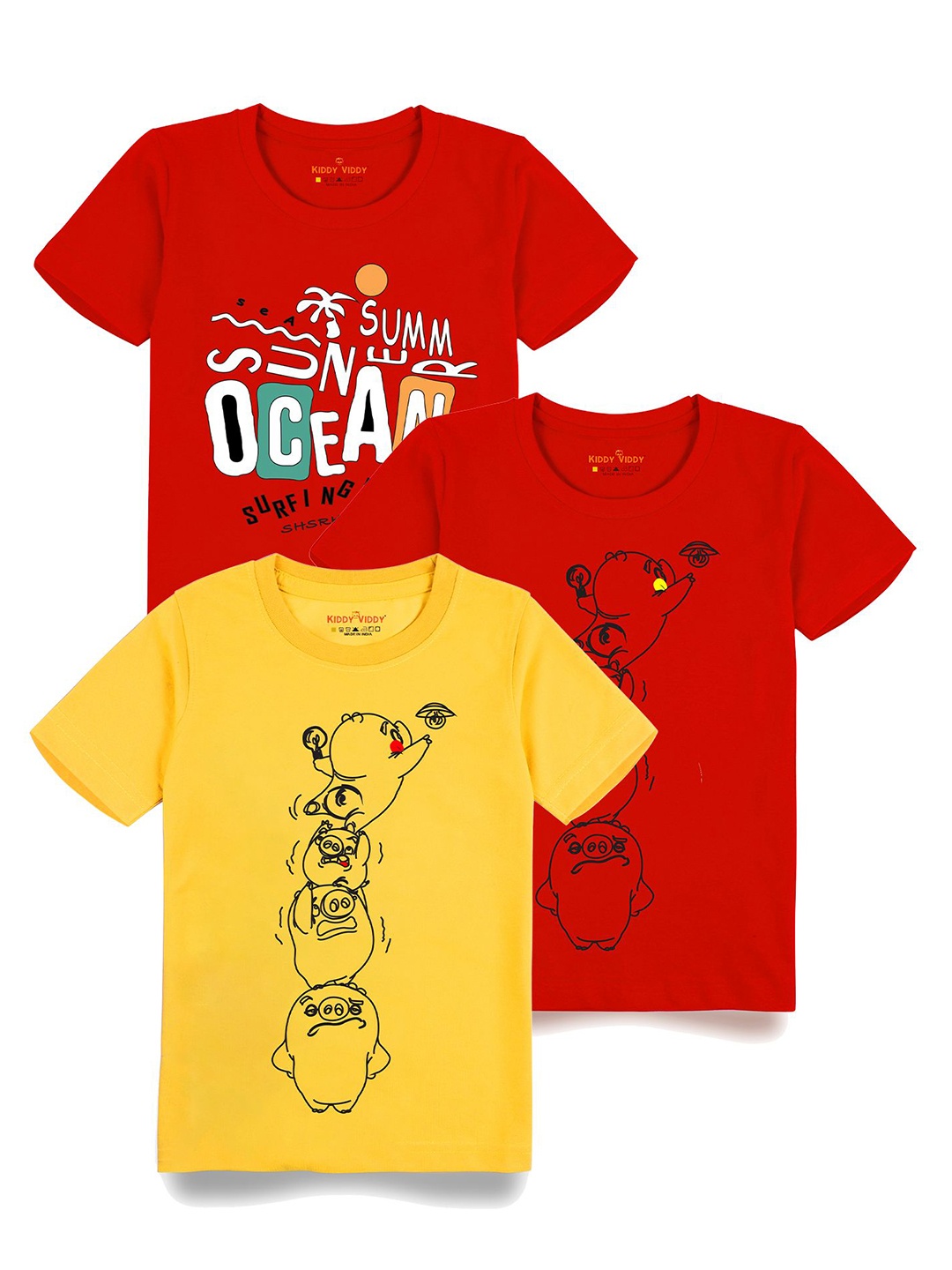 

AUSK Boys Pack Of 3 Graphic Printed Round Neck Cotton T-shirts, Yellow