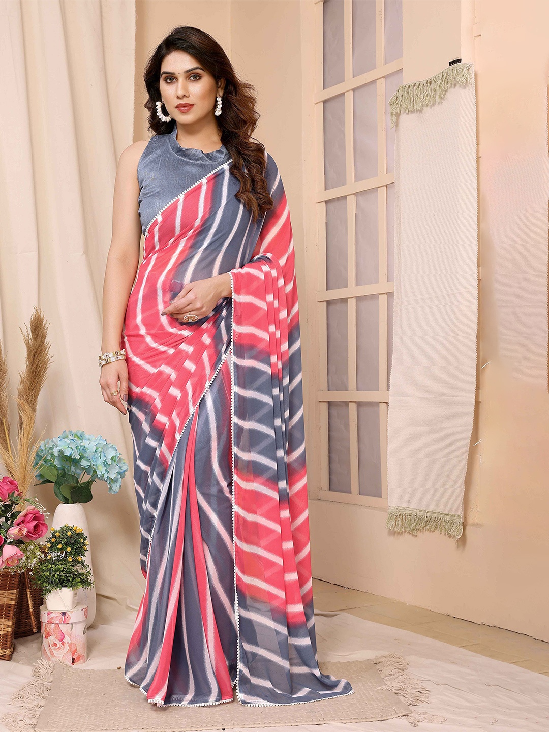 

Shee Star Leheriya Printed Ready to Wear Saree, Grey