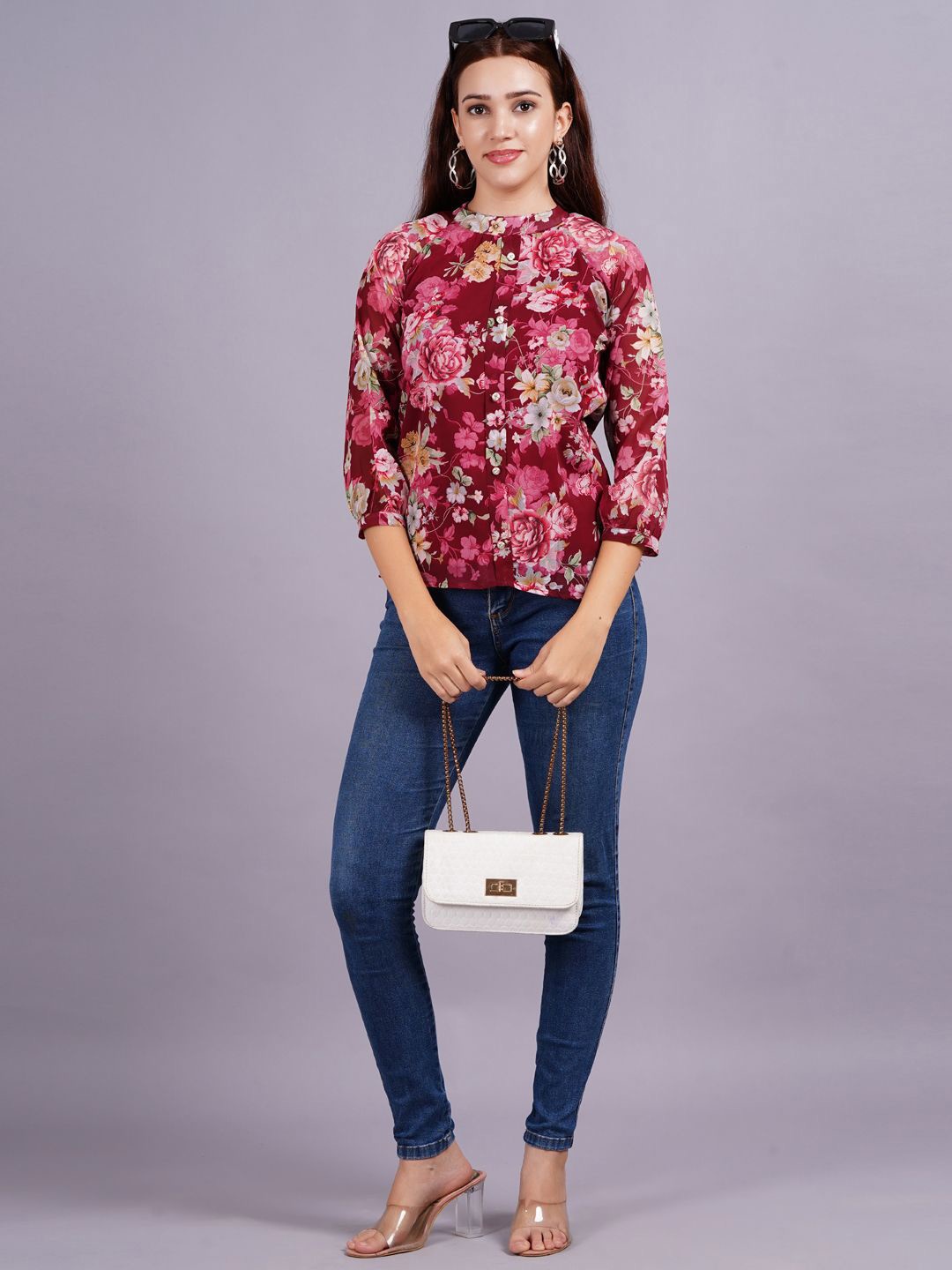 

KALINI Women Floral Printed High Neck Top, Maroon