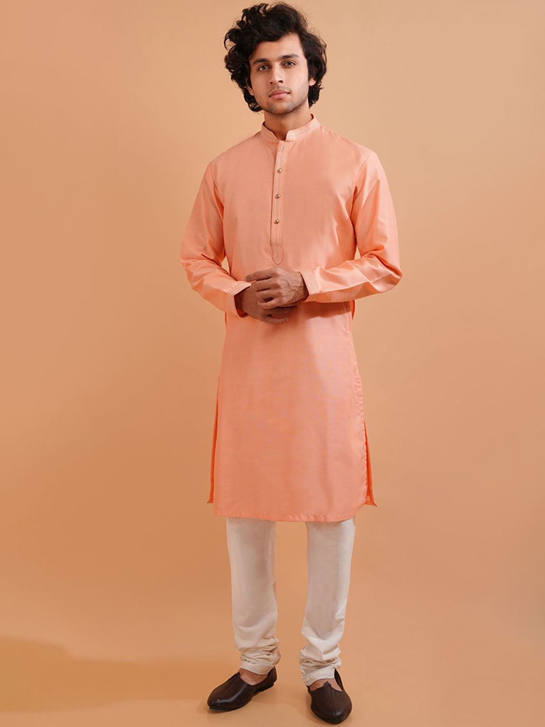 

azania Men Thread Work Pathani Kurta, Peach