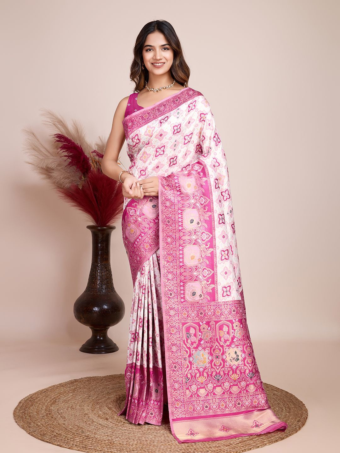 

SHIJILA Woven Design Zari Pure Silk Kota Saree, Pink