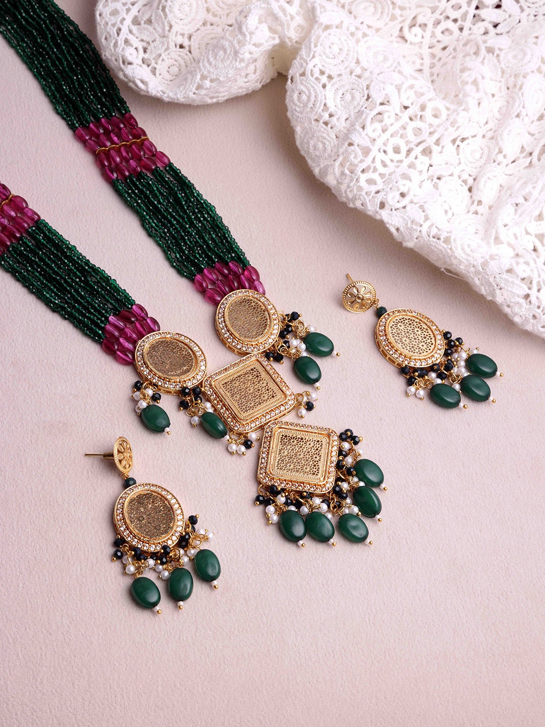 

PANASH Gold-Plated AD Stone Studded & Beaded Jewellery Set