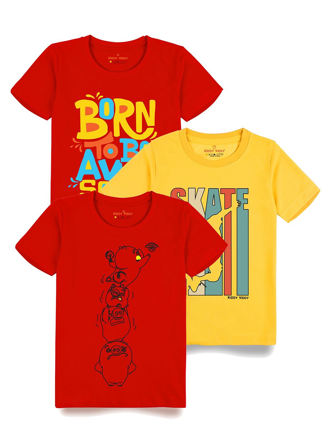 

AUSK Boys Pack Of 3 Graphic Printed Round Neck Cotton T-shirts, Red