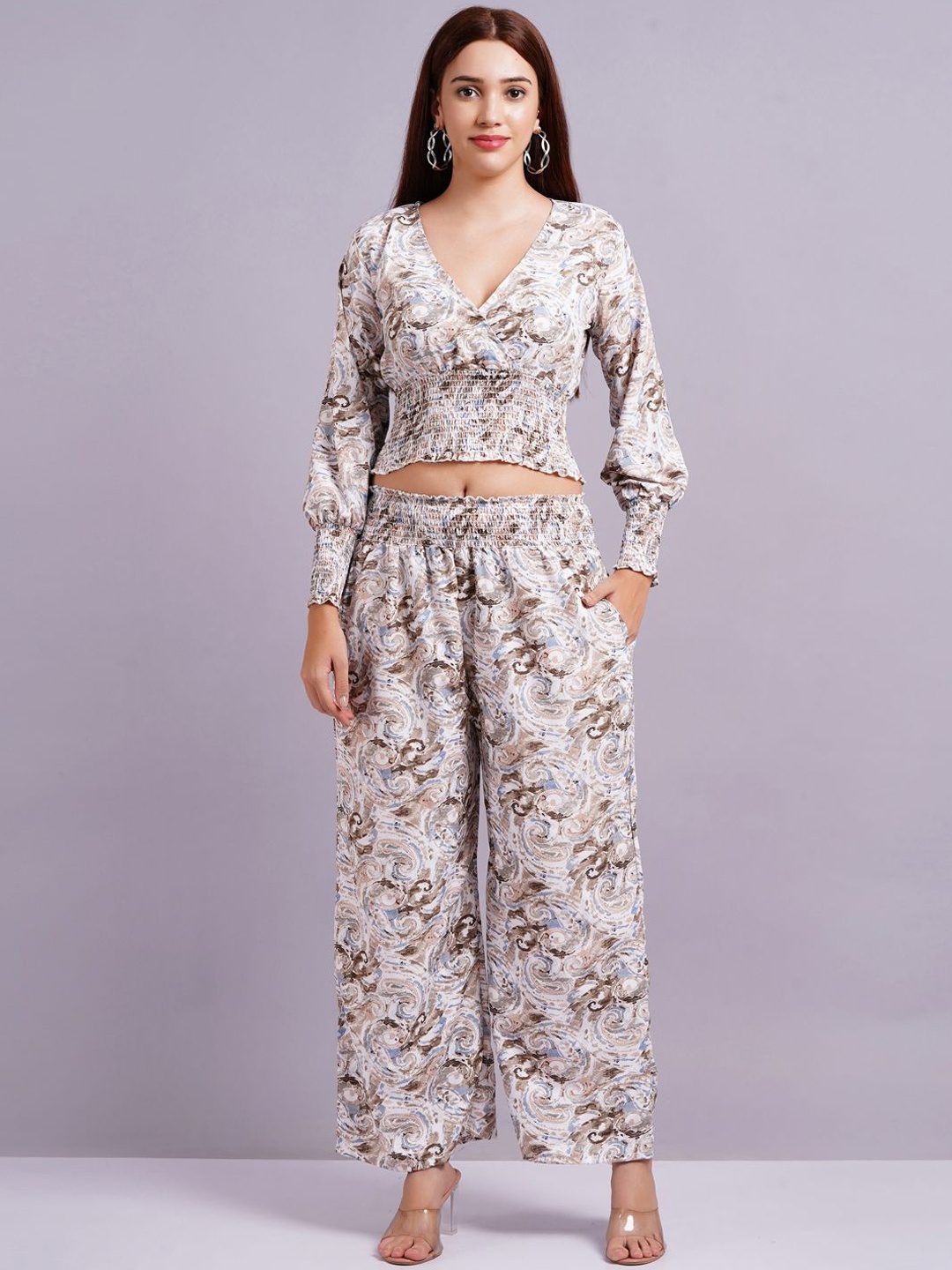 

KALINI Printed V-Neck Long Sleeves Regular Top With Palazzo, Grey