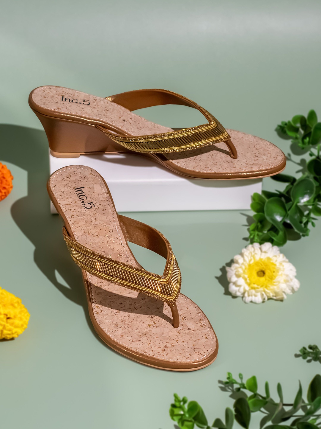 

Inc 5 Women Embellished Open Toe Wedge Heel Sandals, Gold
