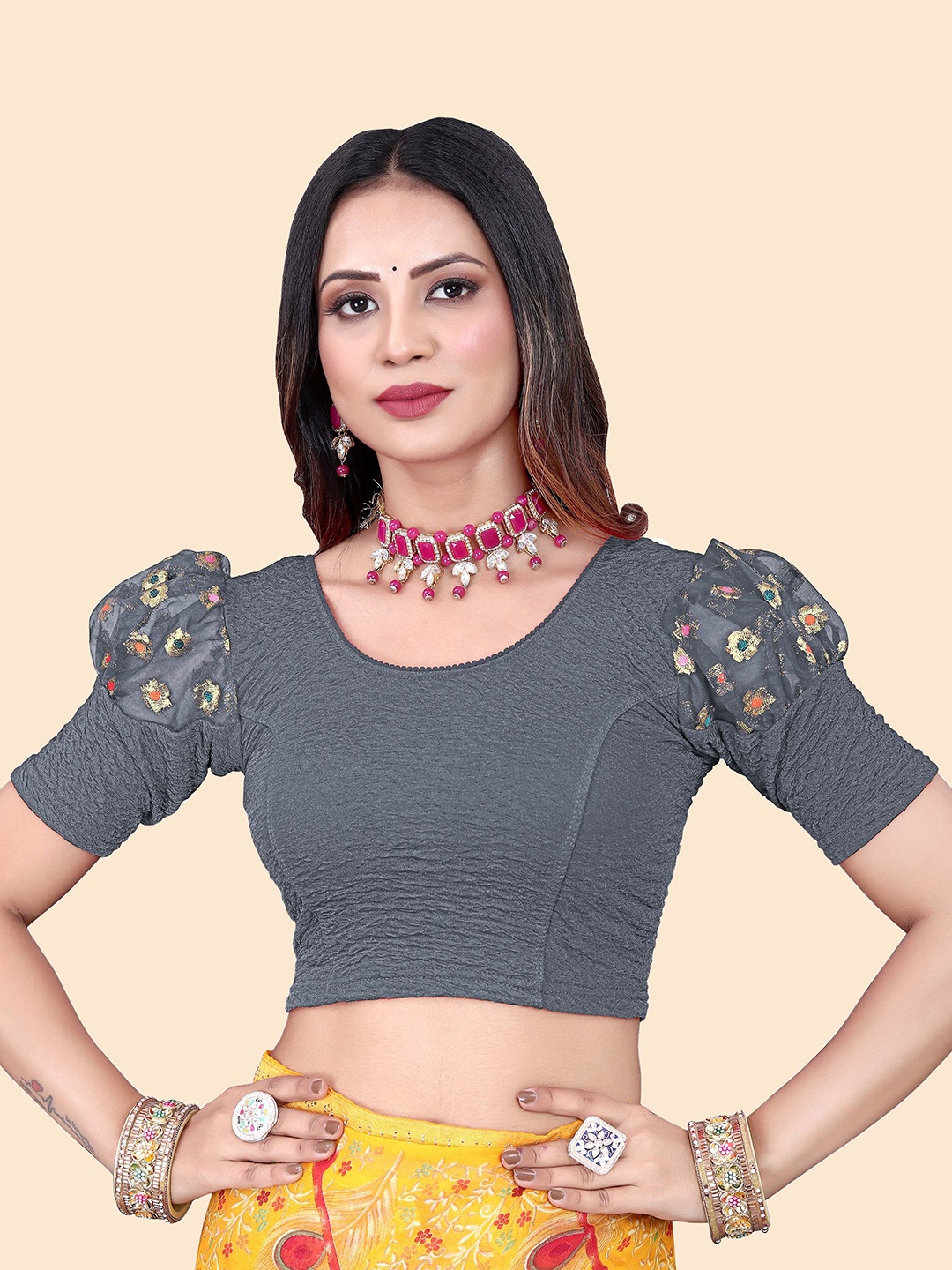 

SHREEJI DESIGNER Woven-Design Stretchable Saree Blouse, Grey
