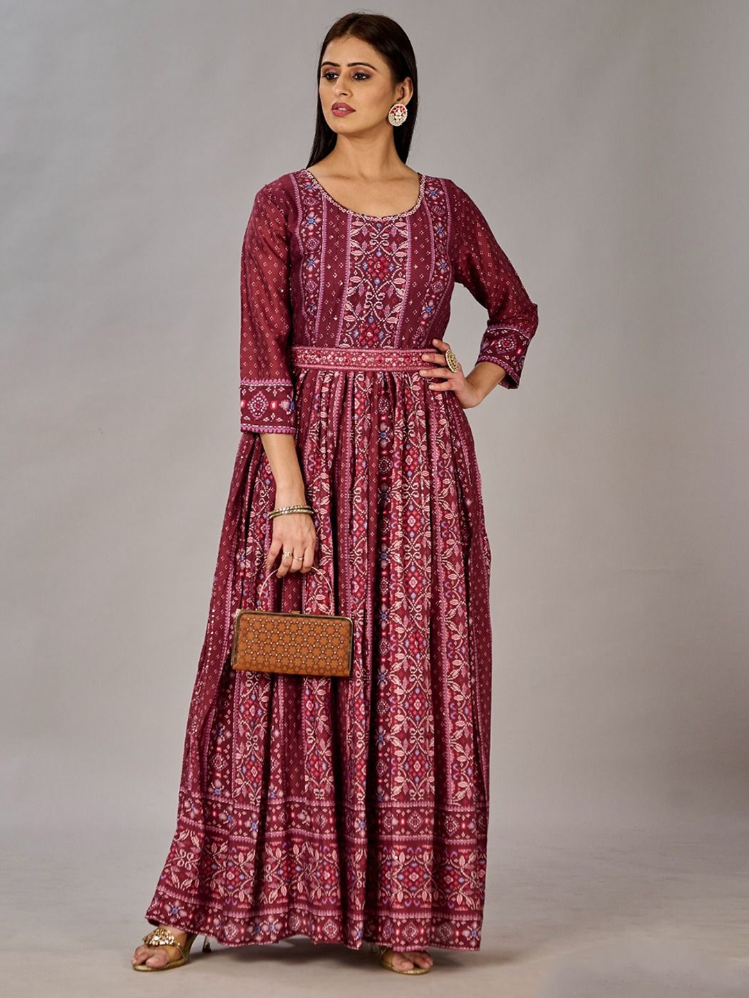 

JIVORA Ethnic Motifs Print Maxi Dress, Maroon