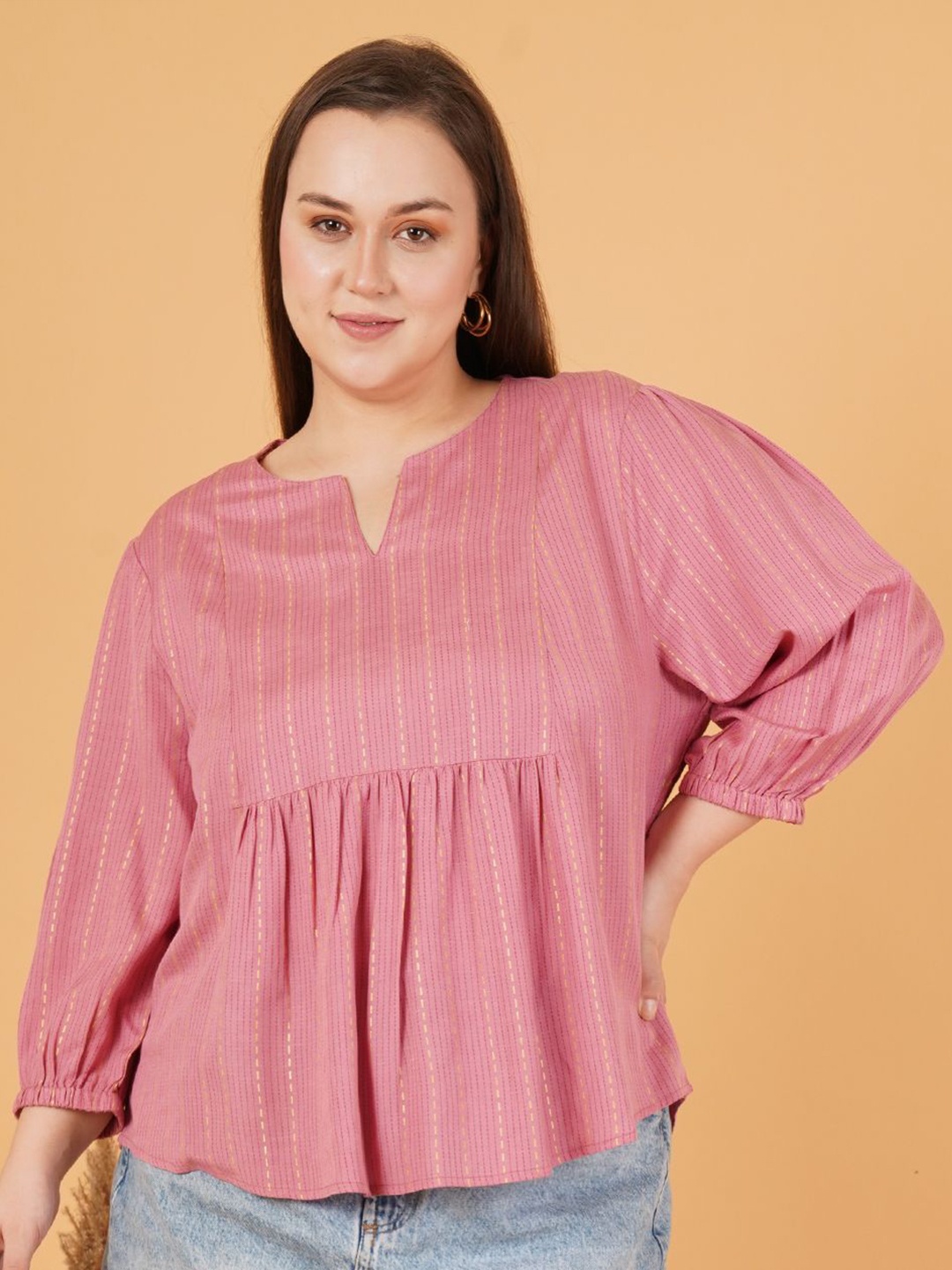 

Sztori Women Vertical Striped Round Neck Plus Size Top, Pink