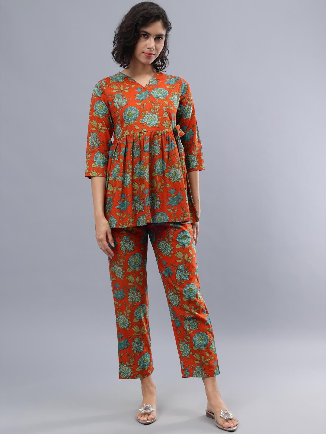 

CORDSET Floral Printed V-Neck Three-Quarter Sleeves Pure Cotton Tunic With Trouser, Orange