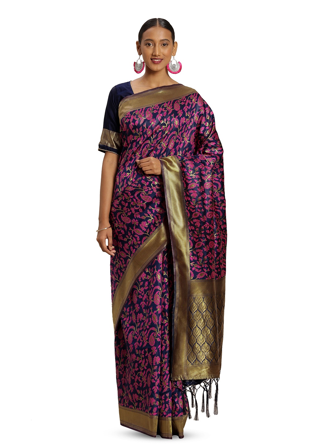 

Maroosh Ethnic Motifs Zari Banarasi Saree, Navy blue