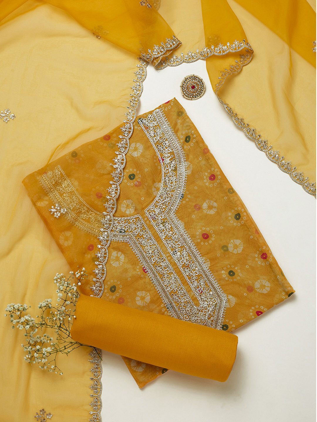 

Soch Printed Organza Unstitched Dress Material, Yellow