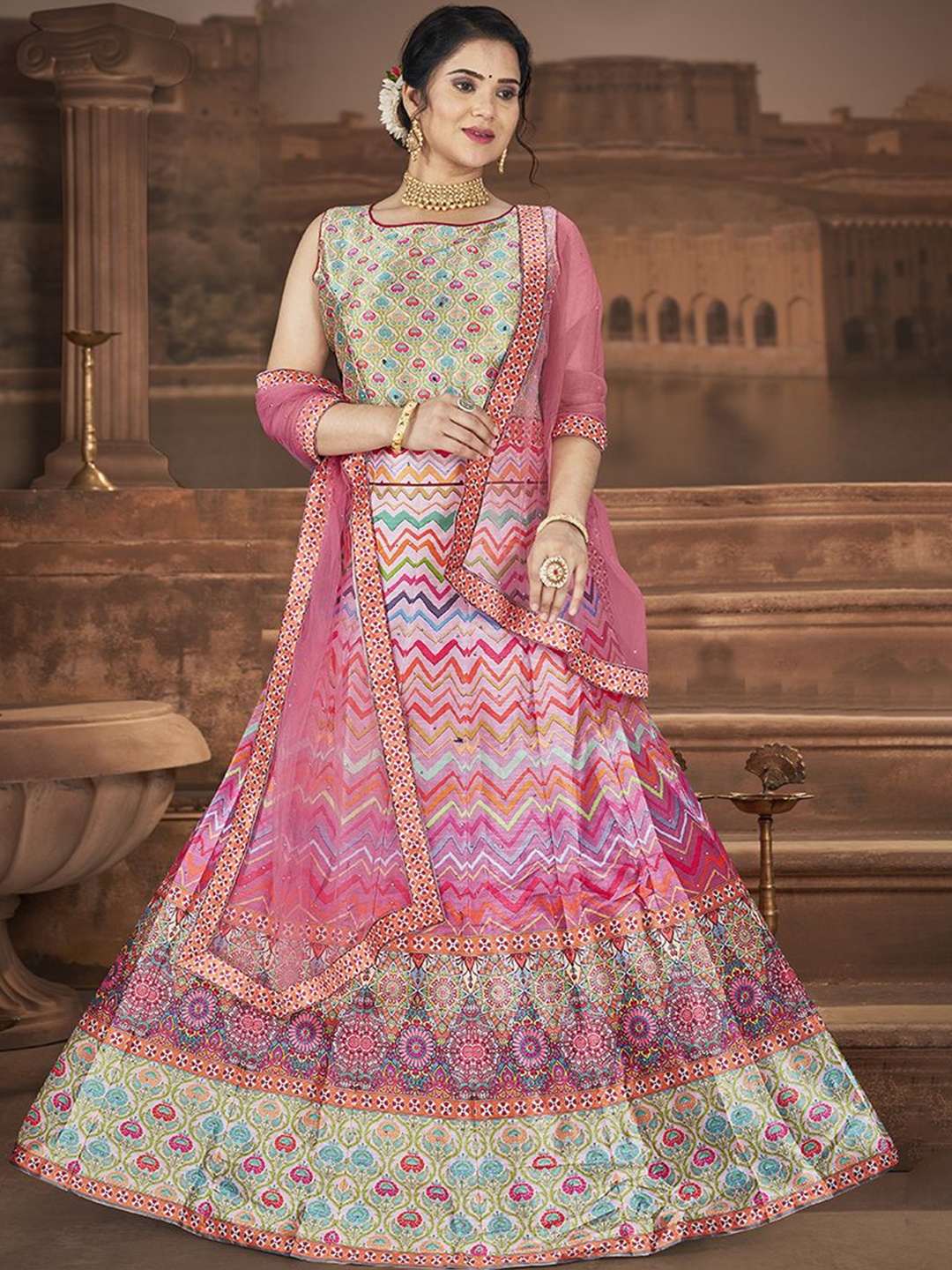 

Krimmple Printed Fit & Flared Maxi Ethnic Dress With Dupatta, Pink