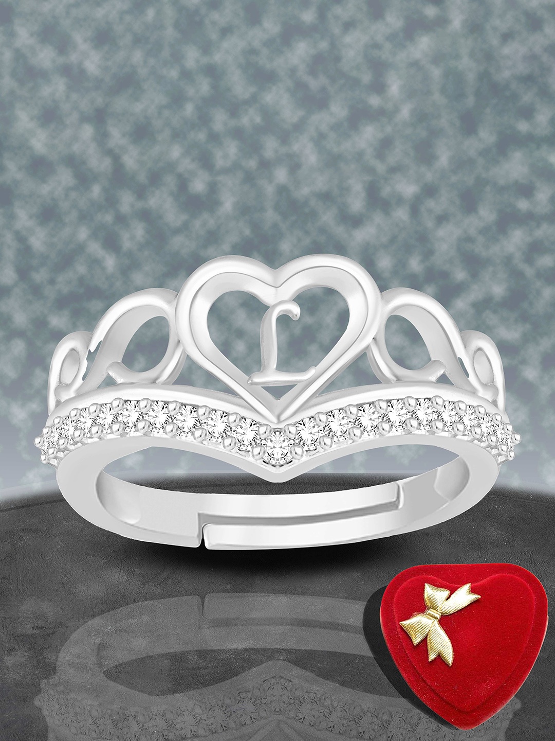 

Lila Silver-Plated Stone-Studded With L Alphabet Adjustable Finger Ring