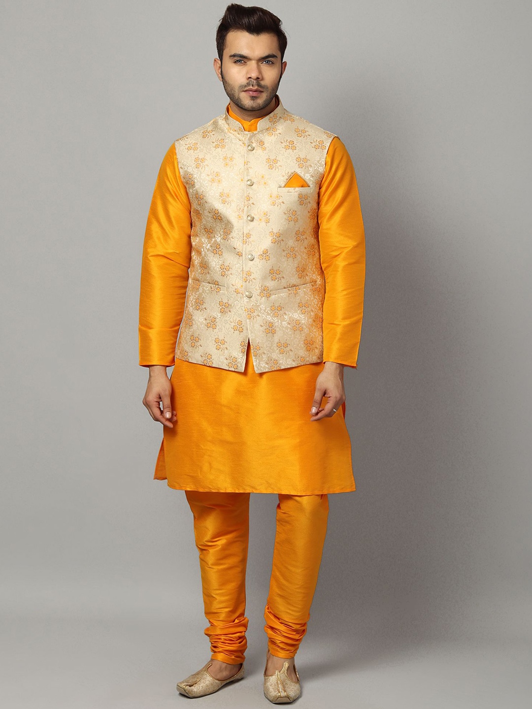 

Ethluxis Men Woven Design Dupion Silk Kurta with Churidar, Yellow