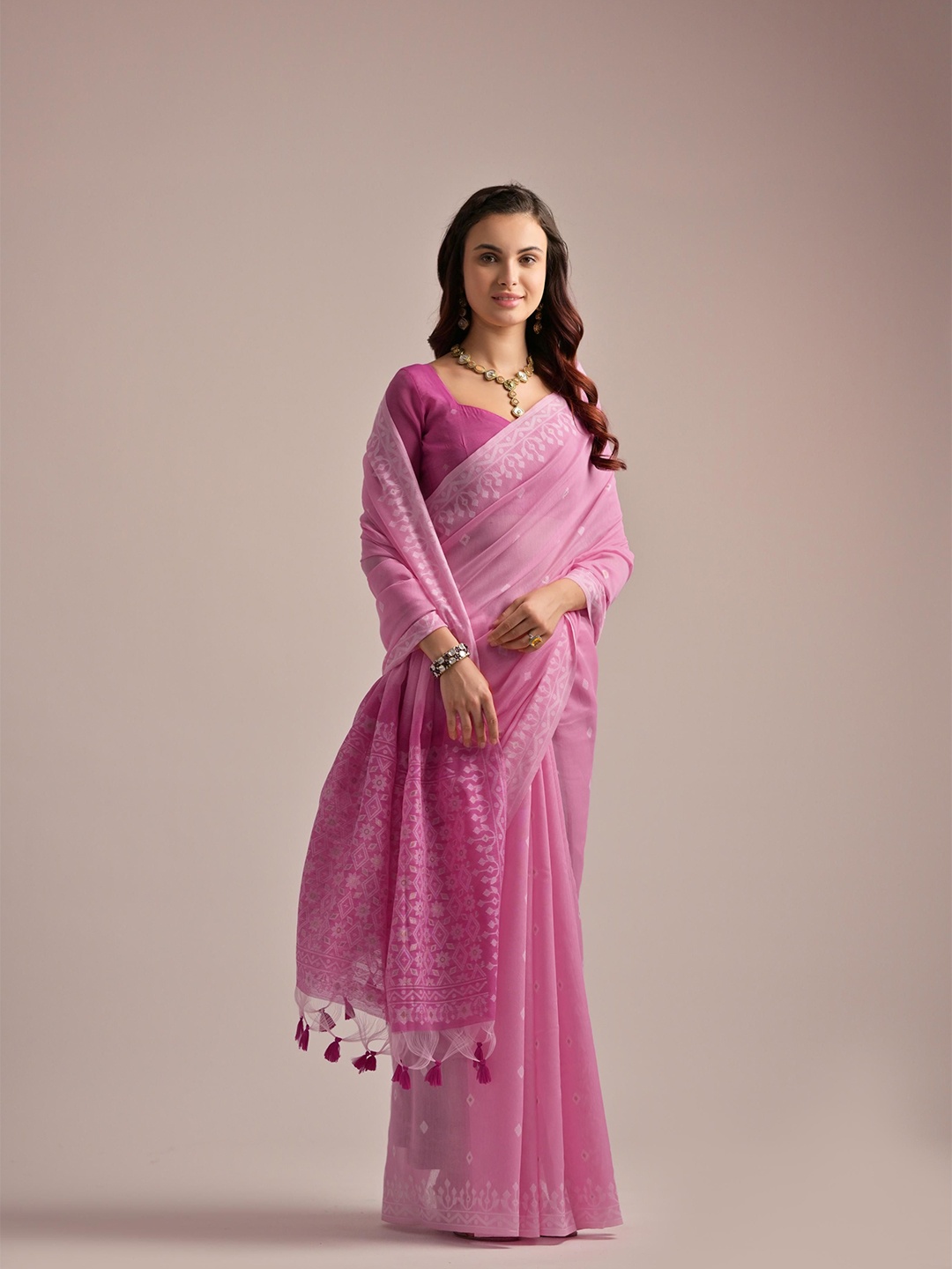 

Kandora Ethnic Motifs Woven Design Pure Cotton Saree, Pink