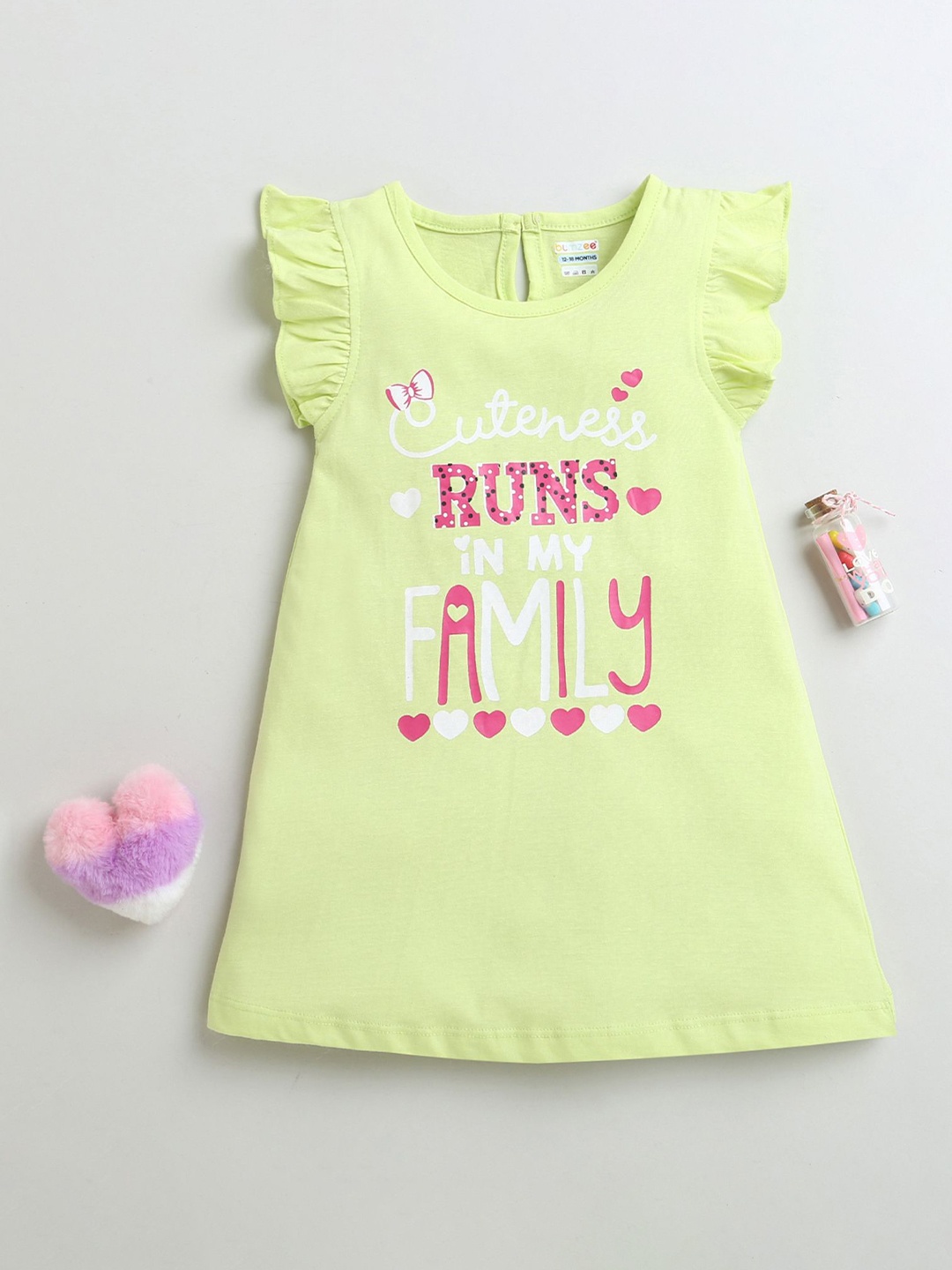 

BUMZEE Girls Pure Cotton Typography Printed Nightdress, Lime green