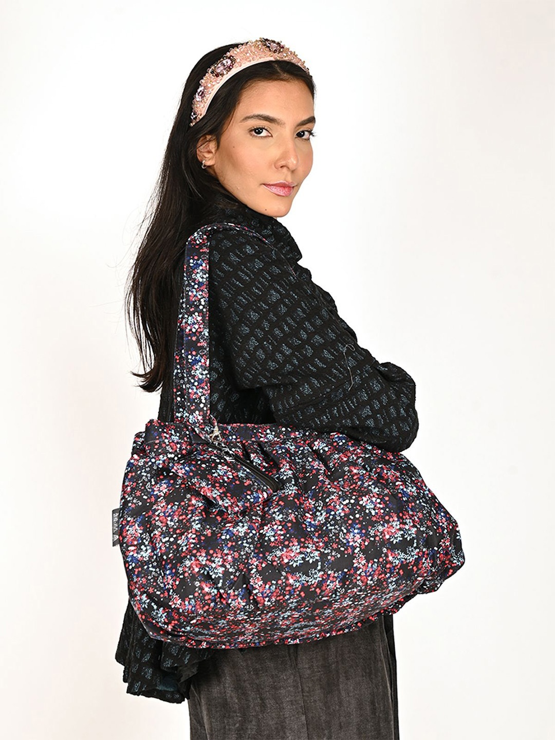 

ODETTE Women Floral Printed Bowling Tote Bag Comes With Pouch, Black