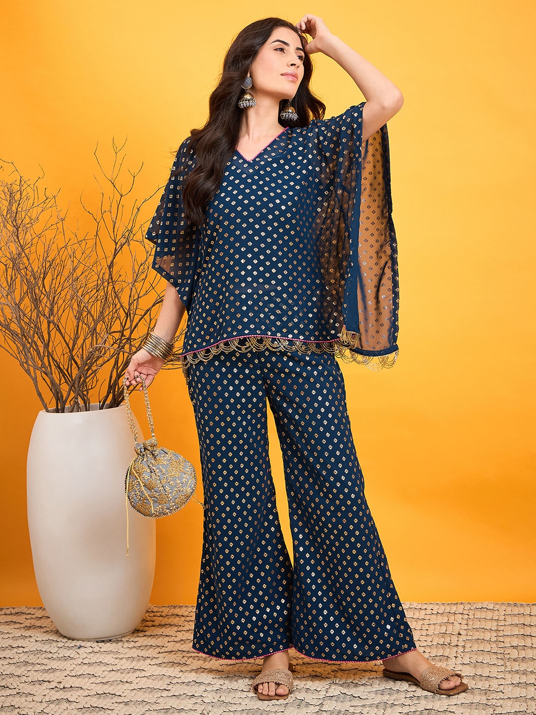 

The Kaftan Company Printed Top With Trousers Co-Ords, Blue