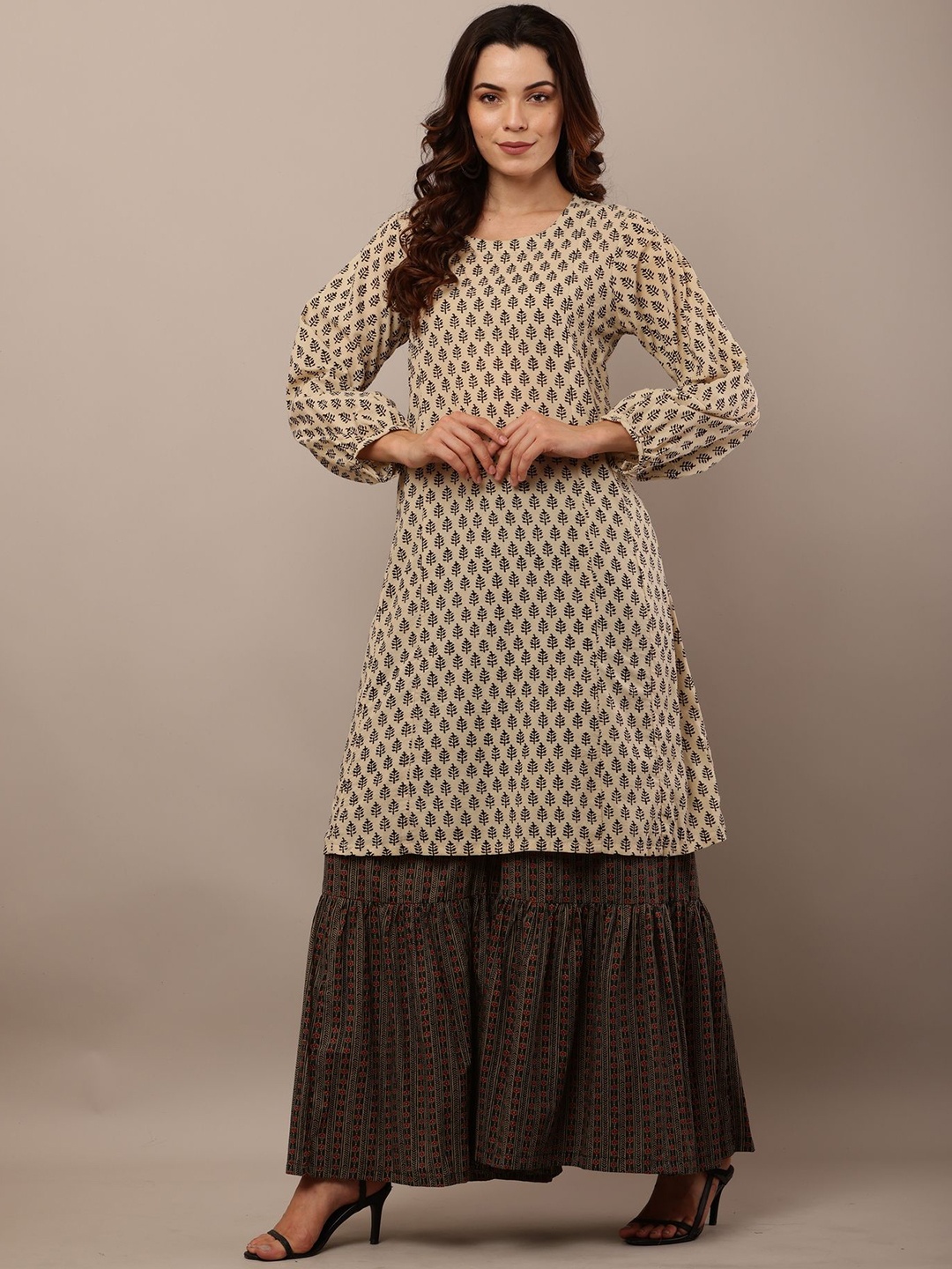 

ROZANAJAIPUR Floral Printed Round Neck Pure Cotton Top with ShararaCo-Ords, Beige