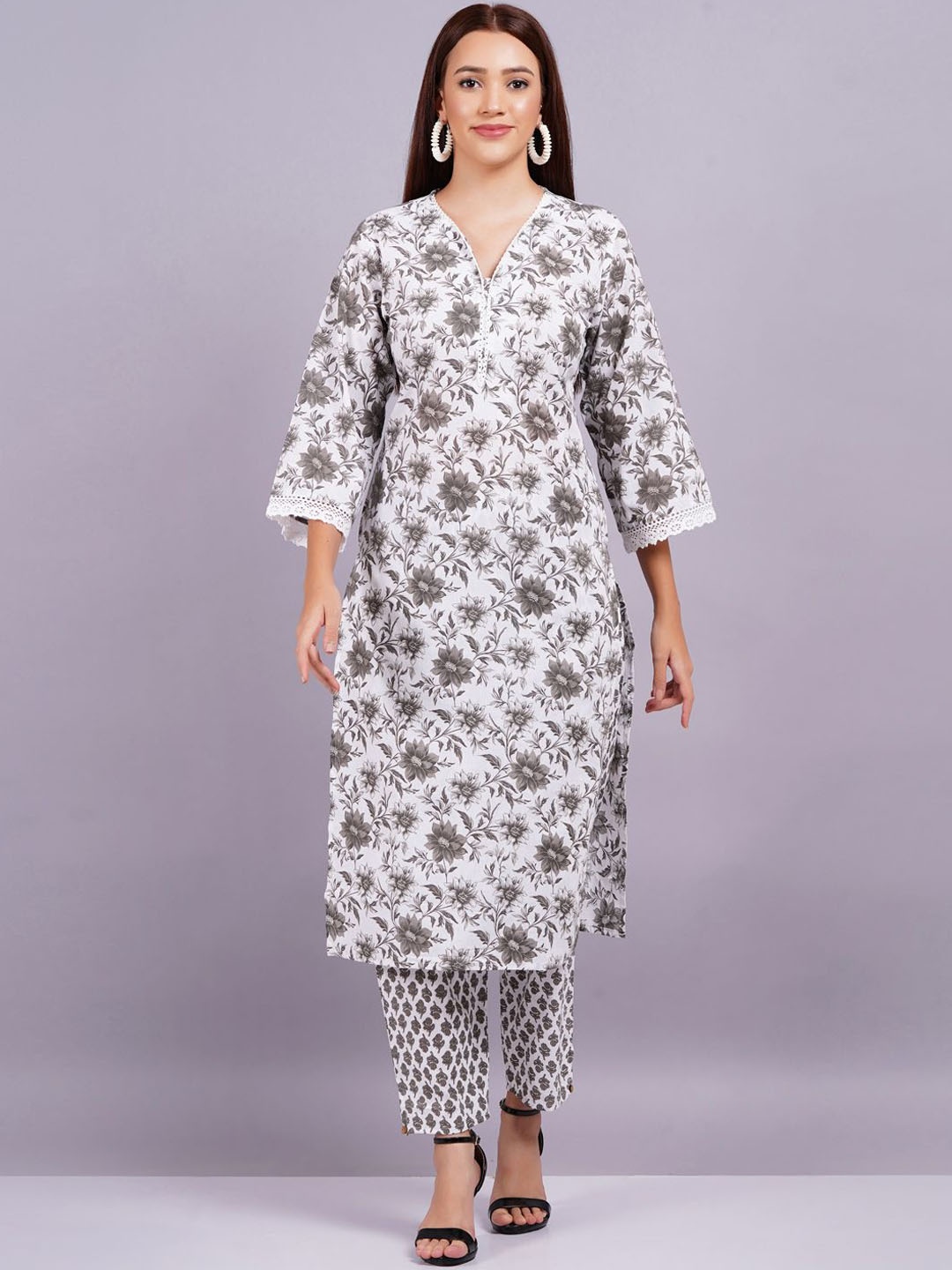 

KALINI Floral Printed V-Neck Pure Cotton Straight Kurta with Trouser, Grey
