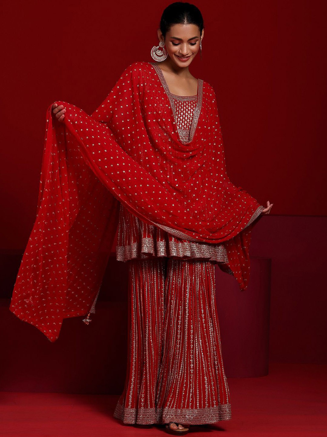 

Libas Art Ethnic Motifs Embroidered Scoop Neck Georgette Kurta With Sharara With Dupatta, Red