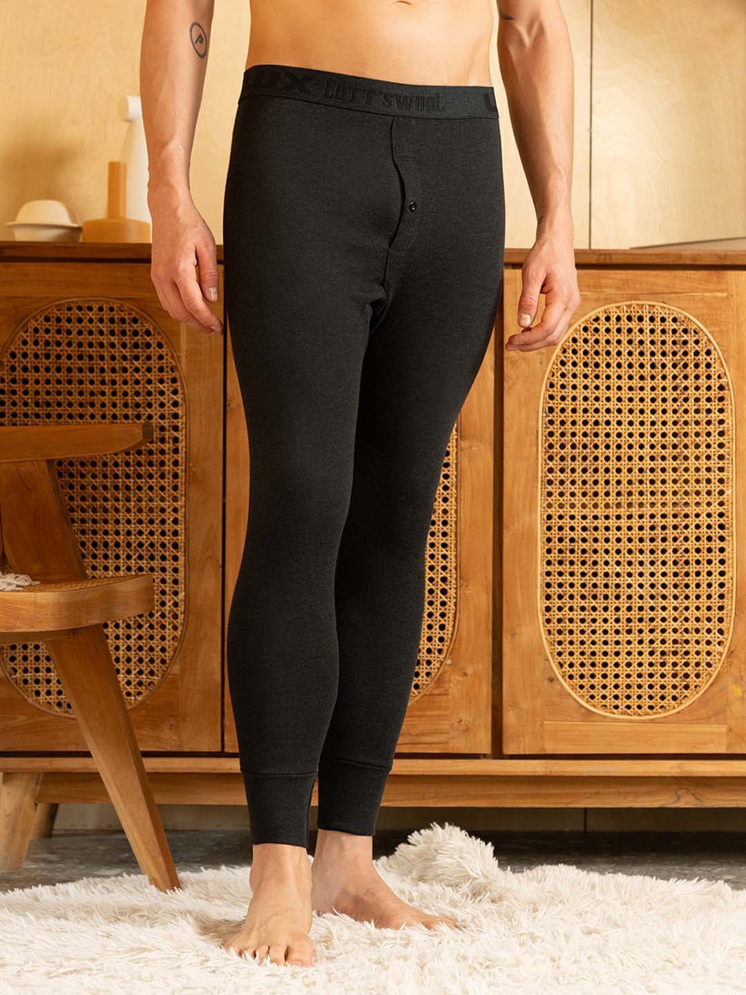 

Lux Cottswool Men Cotton Mid Rise Thermal Bottoms, Black