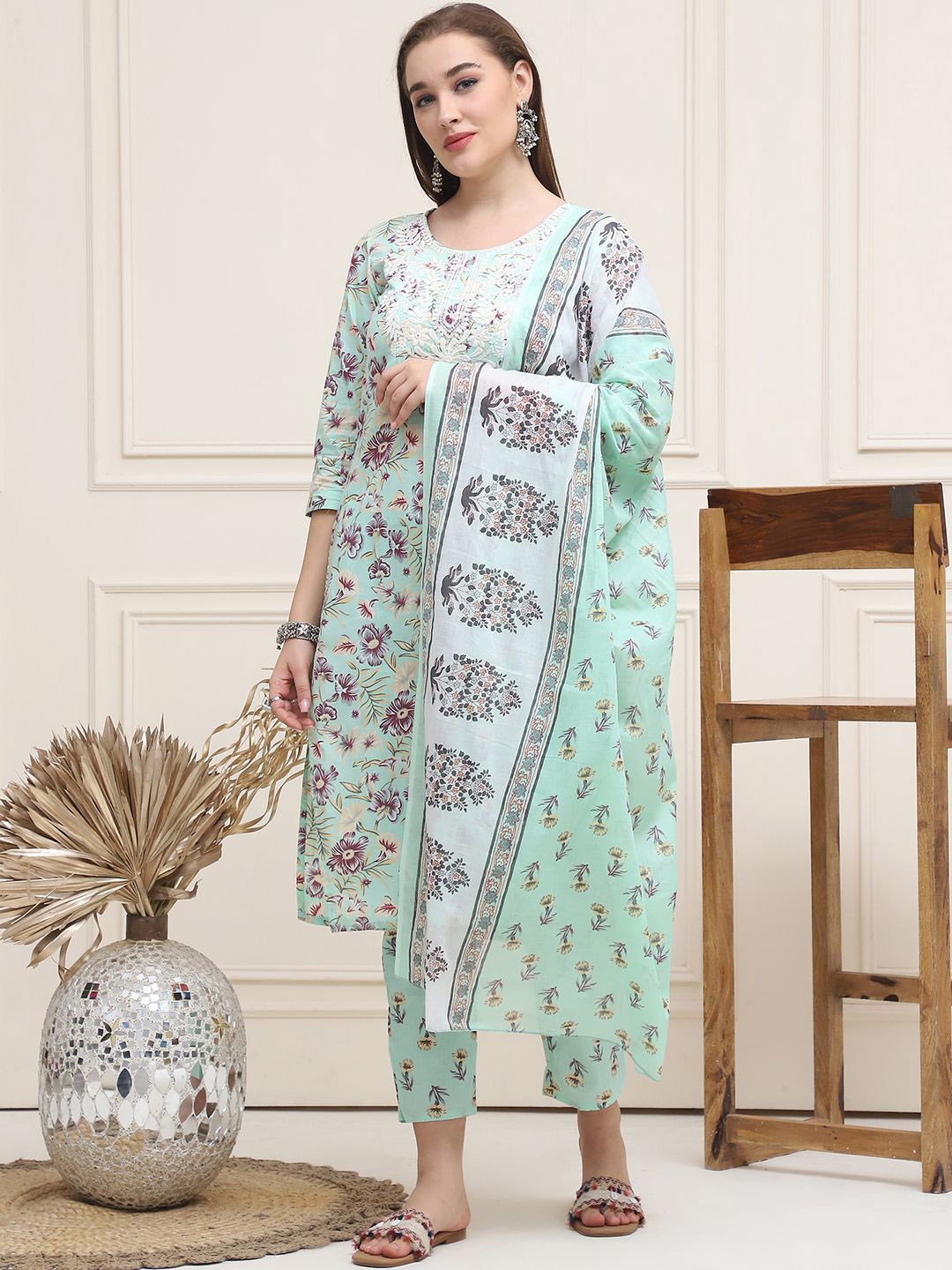 

Frempy Women Kurta with Trousers & Dupatta Set, Sea green