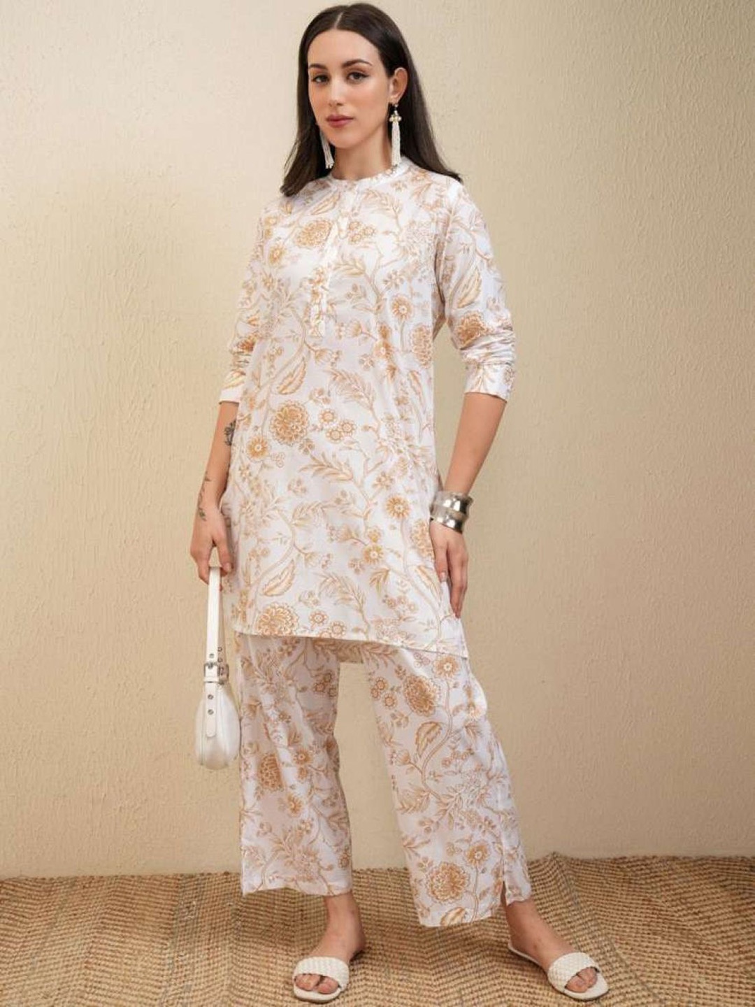 

PARTHVI Floral Printed Pure Cotton Tunic With Trouser Co-Ords, White