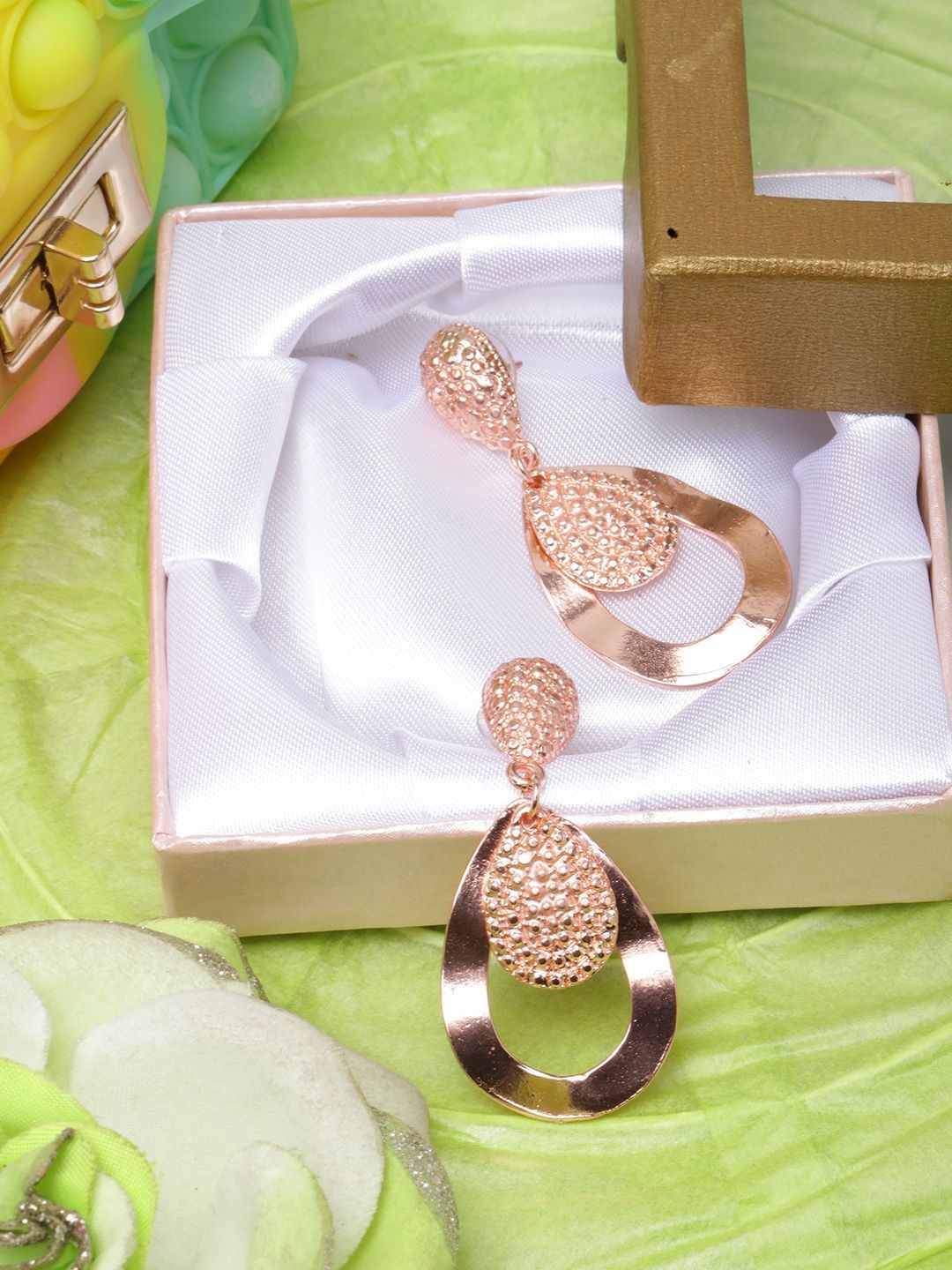 

KPOP Rose Gold Plated Stone Studded Contemporary Drop Earrings