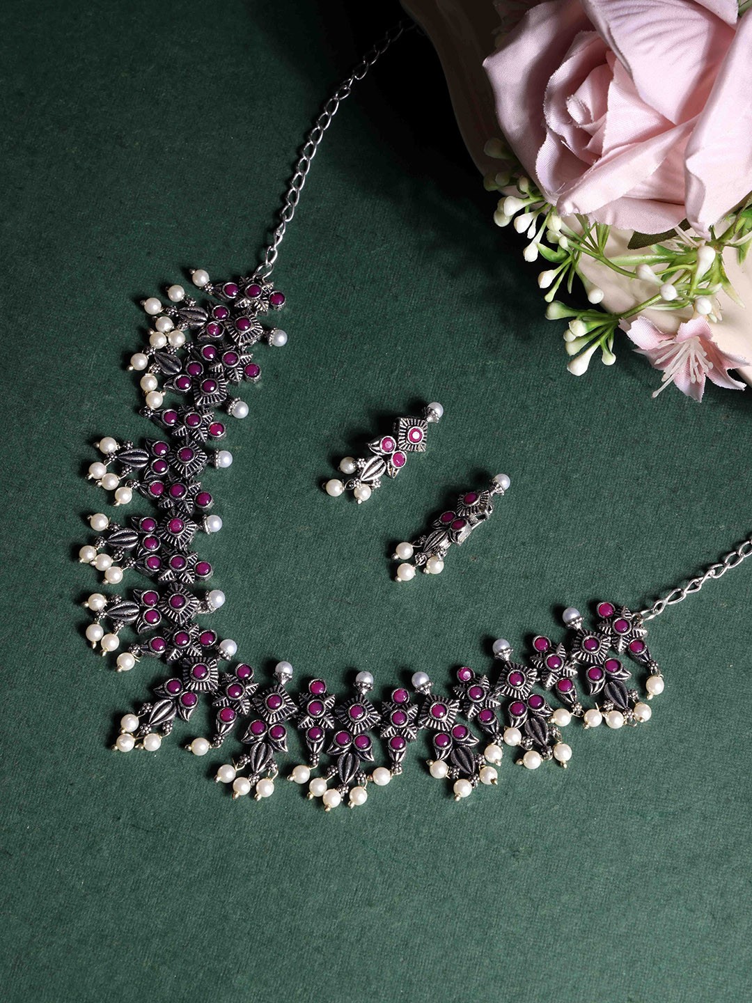 

PANASH Silver- Plated CZ Stone Studded & Beaded Necklace & Earrings